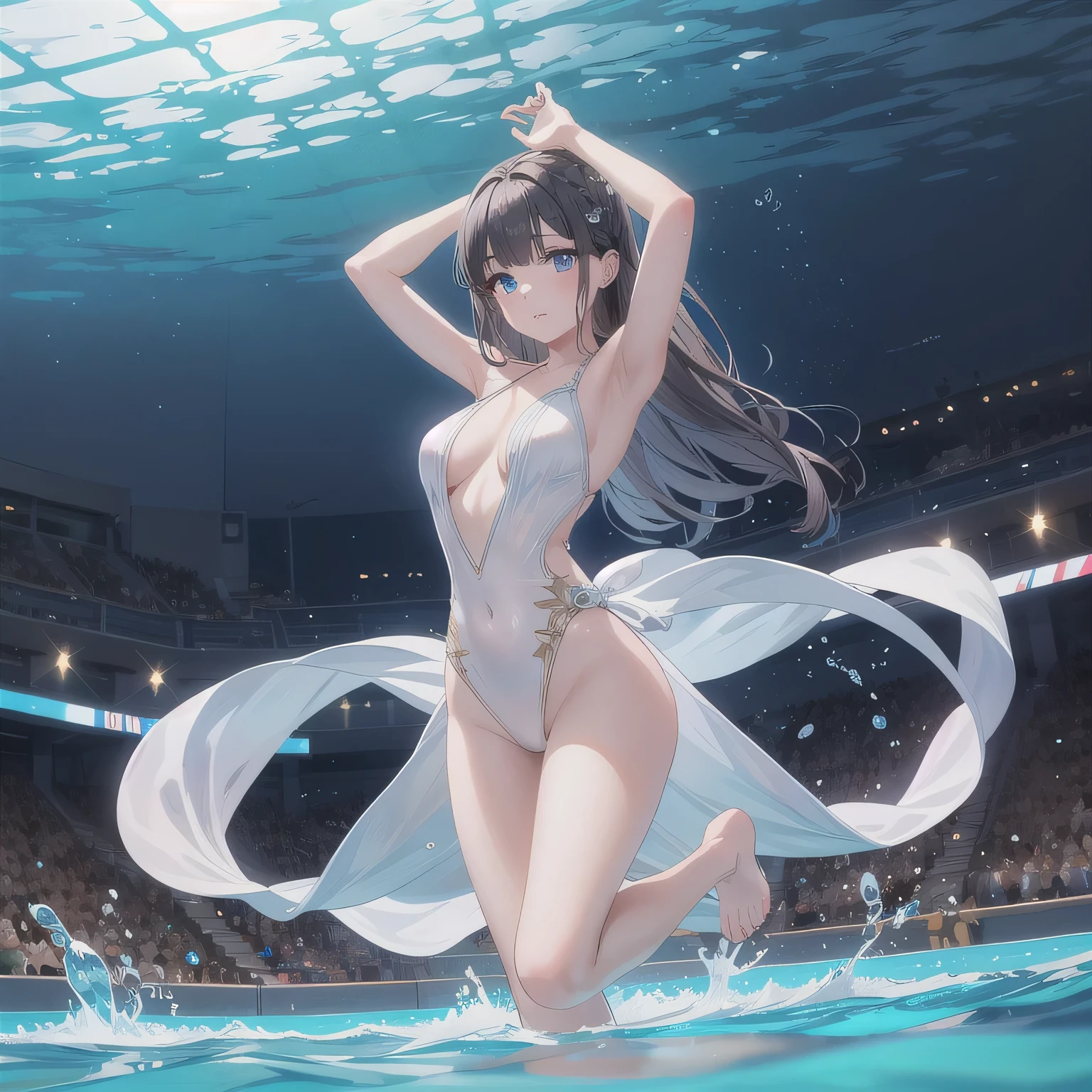 Depict a 20-year-old, breathtakingly beautiful woman performing synchronized swimming in a crystal-clear pool. She wears a stunning, form-fitting swimsuit adorned with sparkling embellishments, designed for both elegance and functionality. Her body moves in perfect harmony with the water, arms extended gracefully, legs executing a precise movement. The water ripples around her, reflecting the bright lights of the aquatic arena, creating a mesmerizing scene of beauty and strength. dark hair, long hair, blue eyes.