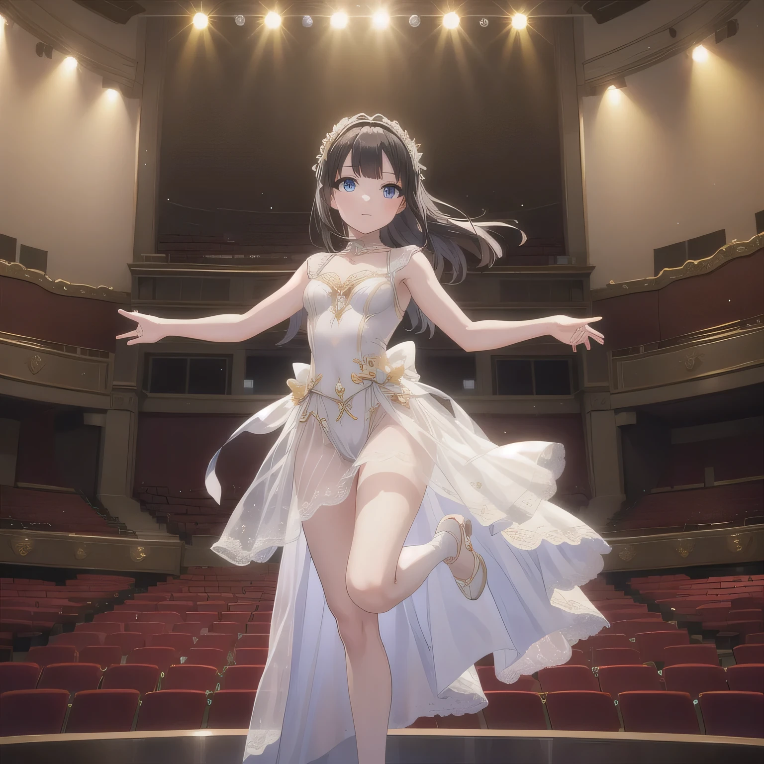 Depict a 20-year-old, exquisitely beautiful ballerina performing on a grand theater stage. She wears a delicate and intricately designed tutu, its soft fabric flowing with every movement. Her posture is impeccable, one leg extended in a perfect arabesque, arms poised elegantly. The warm stage lighting casts a golden glow, illuminating her delicate features and emphasizing the sheer grace of her dance. dark hair, long hair, blue eyes.