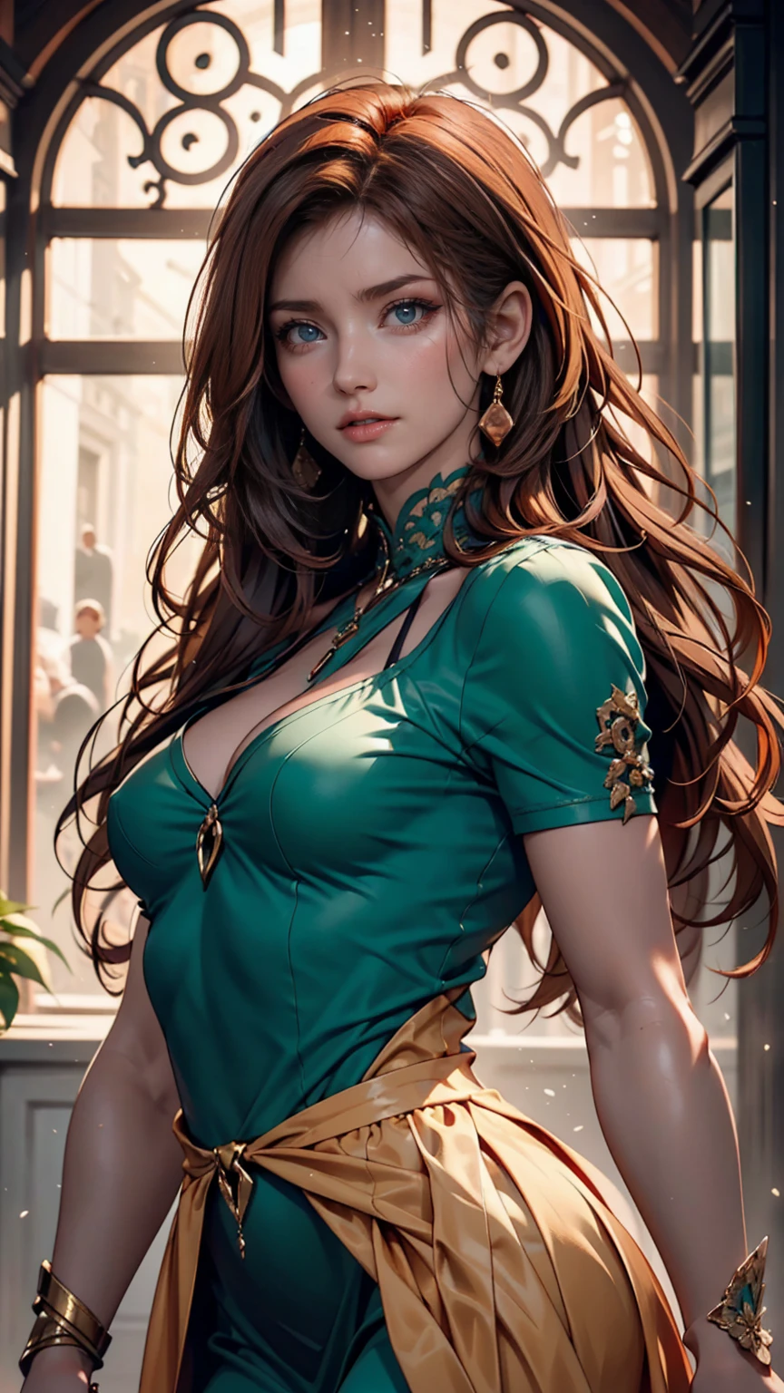 Wavy long hair, Brown Hair, One girl, Emerald Eyes, Shake with two fingers, Pink Lips, Pastel green off-the-shoulder dress,Sexy proportions、Thick choker、Old concrete wall、The sunlight shines from above、Dark shadows