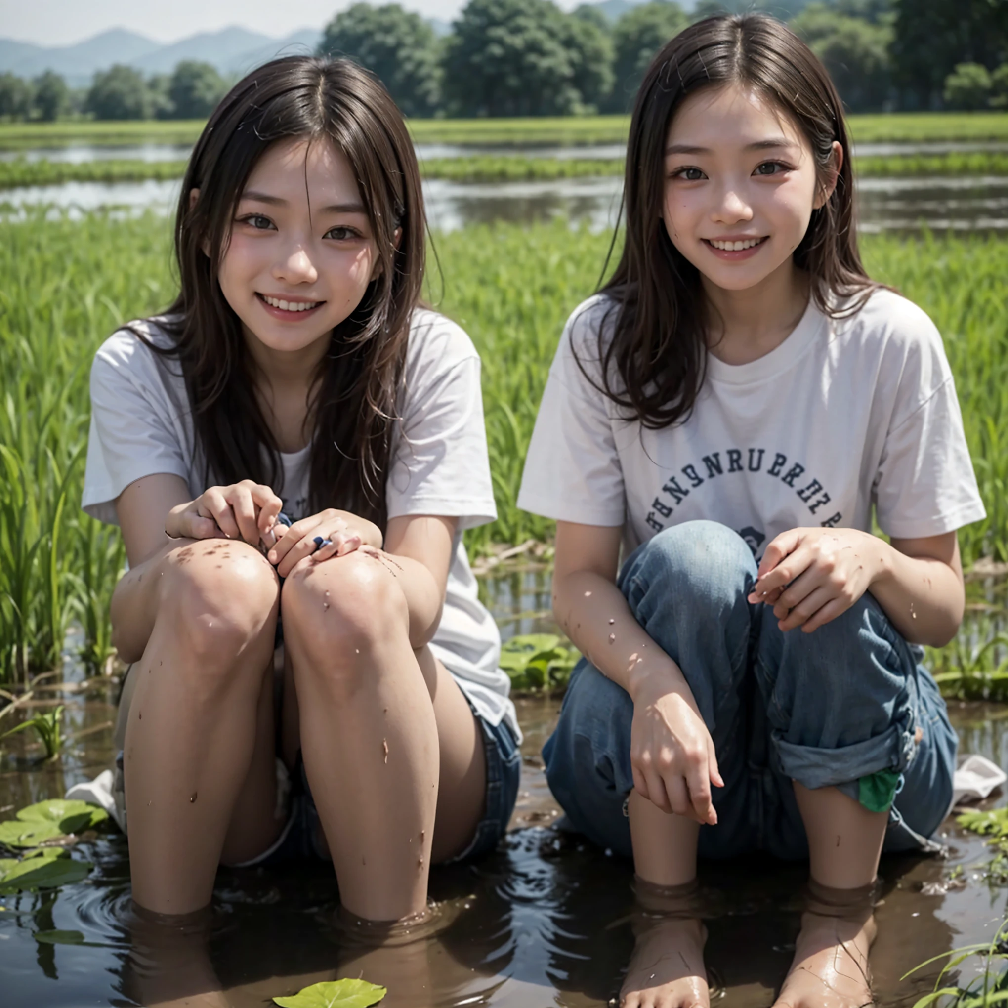 Beautiful Girls　Playing in the mud　naked　Paddy field　My hair is covered in mud　Japanese students　high resolution　8k