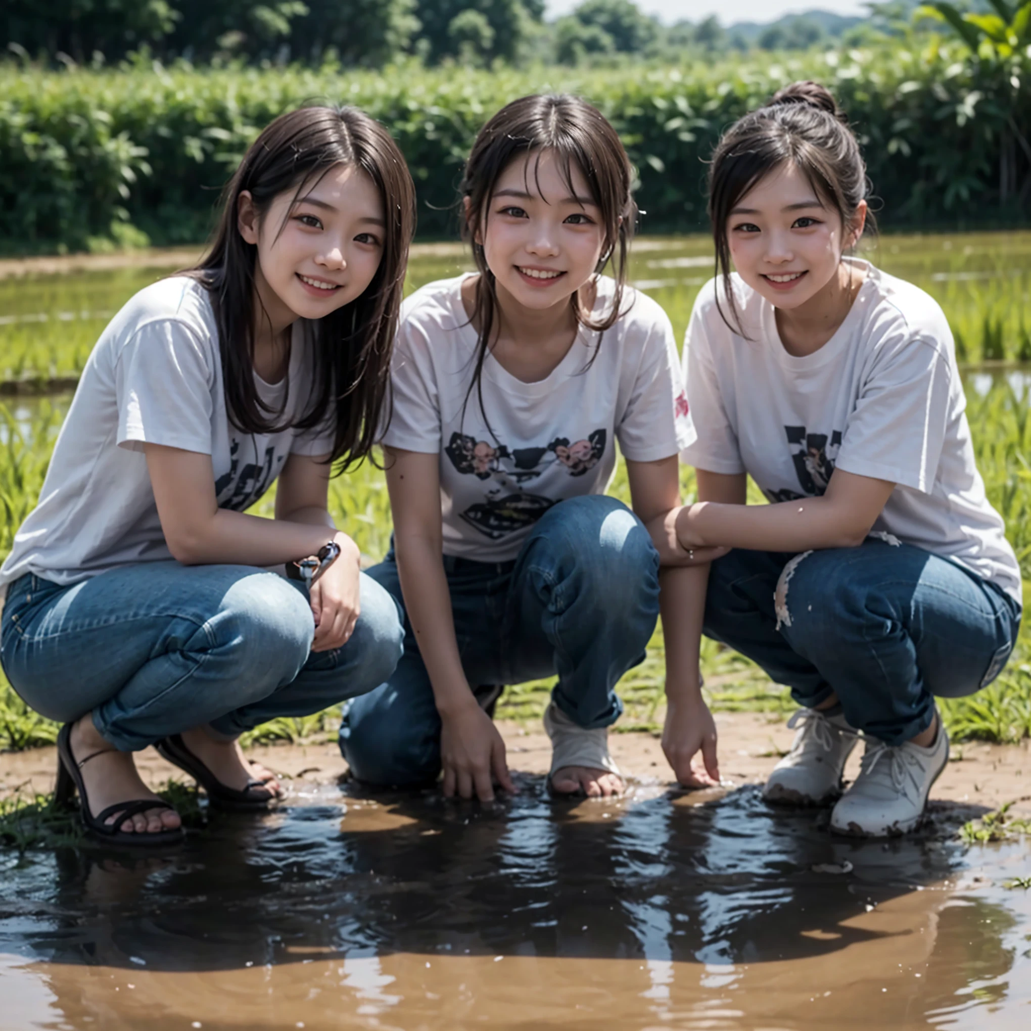 Girls dipping in water wearing drenched shiny denim overalls。Overalls are long pants、Girl sitting in water。I was in water up to my knees、Overalls in the water。There are three Japanese anime girls。It's in the pool