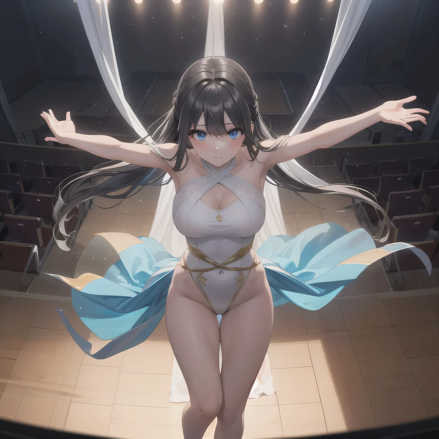 Depict a 20-year-old, breathtakingly beautiful woman performing an aerial silk routine in a dimly lit theater. She is suspended high above the stage, her body elegantly entwined in flowing silk fabric. Her costume is form-fitting, designed to accentuate both beauty and strength, with subtle shimmering details. The soft stage lighting highlights her toned physique, casting dramatic shadows that enhance the ethereal atmosphere of her performance. dark hair, long hair, blue eyes.