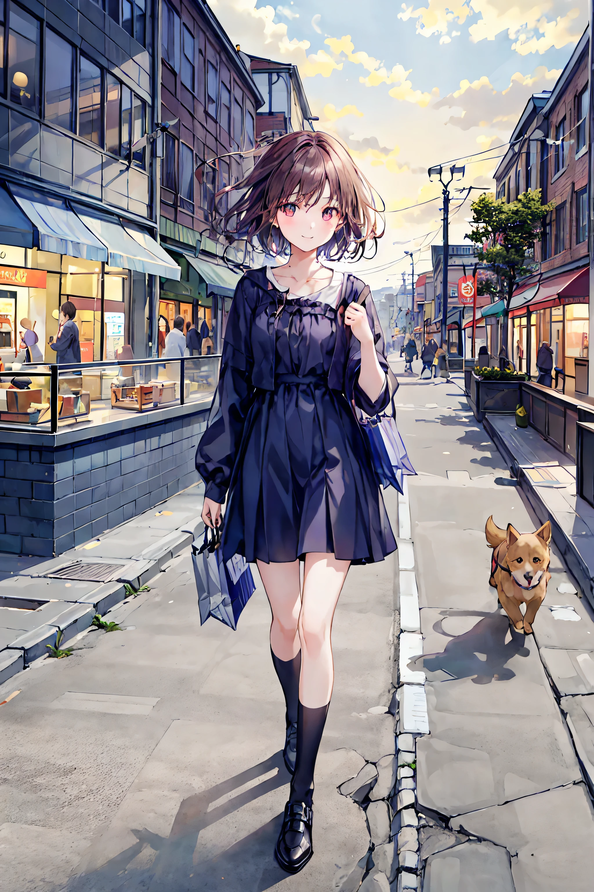 masterpiece:1.2,top quality,Girl walking with small dog, shopping district,purchase,Dusk covers the landscape,cute girl,Cute dog,All smiles,Portrait,real,Outdoors,sunset,Shopping Mall,Bokeh,HDR,4K