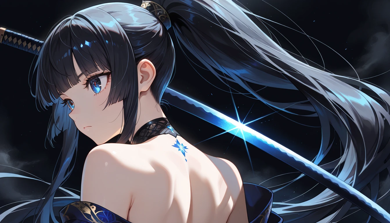 (shaded face:1.2), hollow eyes, blue eyes, looking at viewer, heavy breathing, seductive smile, long_hair, blue_eyes, black_hair, very_long_hair, huge breast, omegaf bodysuit,elbow gloves, black gloves, fantasy scenery, backlighting, caustic, holding, katana, "Photorealistic, Hyperrealistic, Hyperdetailed, analog style, soft lighting, subsurface scattering, realistic, heavy shadow, masterpiece, best quality, ultra realistic, 8k, golden ratio, Intricate, High Detail, film photography, soft focus"