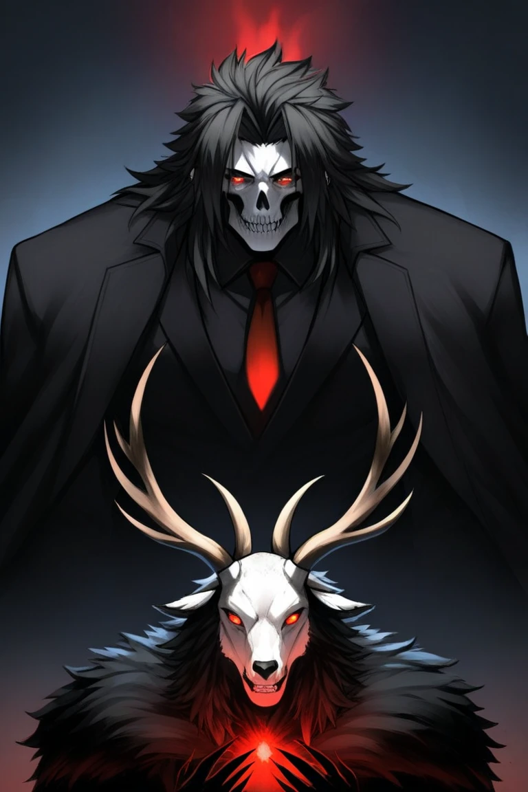 Gere imagens de: Masterpiece, best quality, ultra-detailed in 8K resolution, 1woman, stands against a plain gray background. She has a normal human body, wearing a long, dark trench coat with intricate details. She has a deer's skull with glowing red eyes in the eye sockets. Her expression, though skeletal, exudes a sense of grim determination. Fine detail, high detail