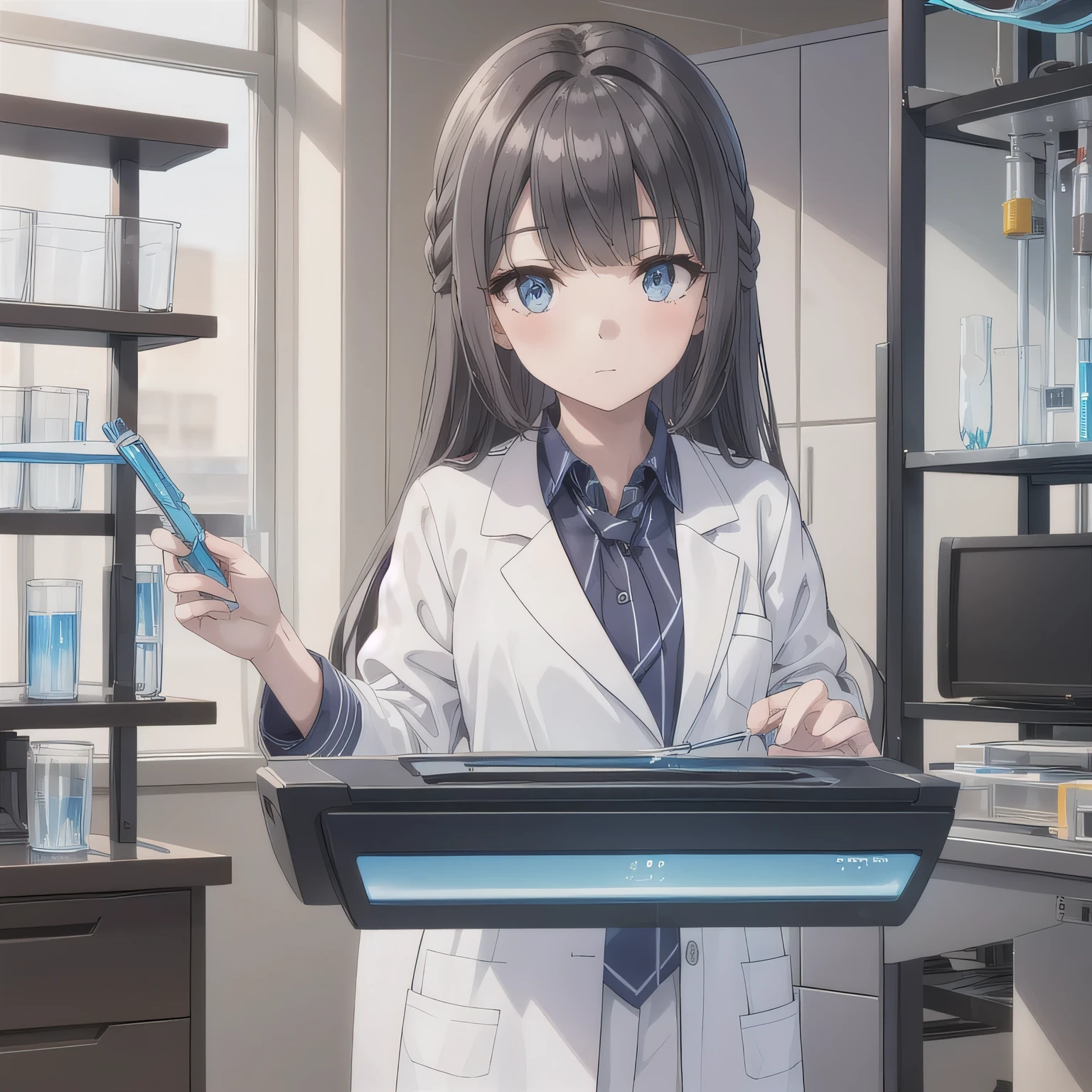 Depict a 20-year-old, stunningly beautiful woman conducting an experiment in a well-equipped science lab. She wears a pristine white lab coat over professional attire, her expression focused as she carefully handles scientific instruments. Whether her hair is long and neatly tied back or short and styled, she maintains a meticulous appearance suited for the lab environment. The background features shelves filled with scientific equipment, adding to the immersive atmosphere of the setting. dark hair, long hair, blue eyes.