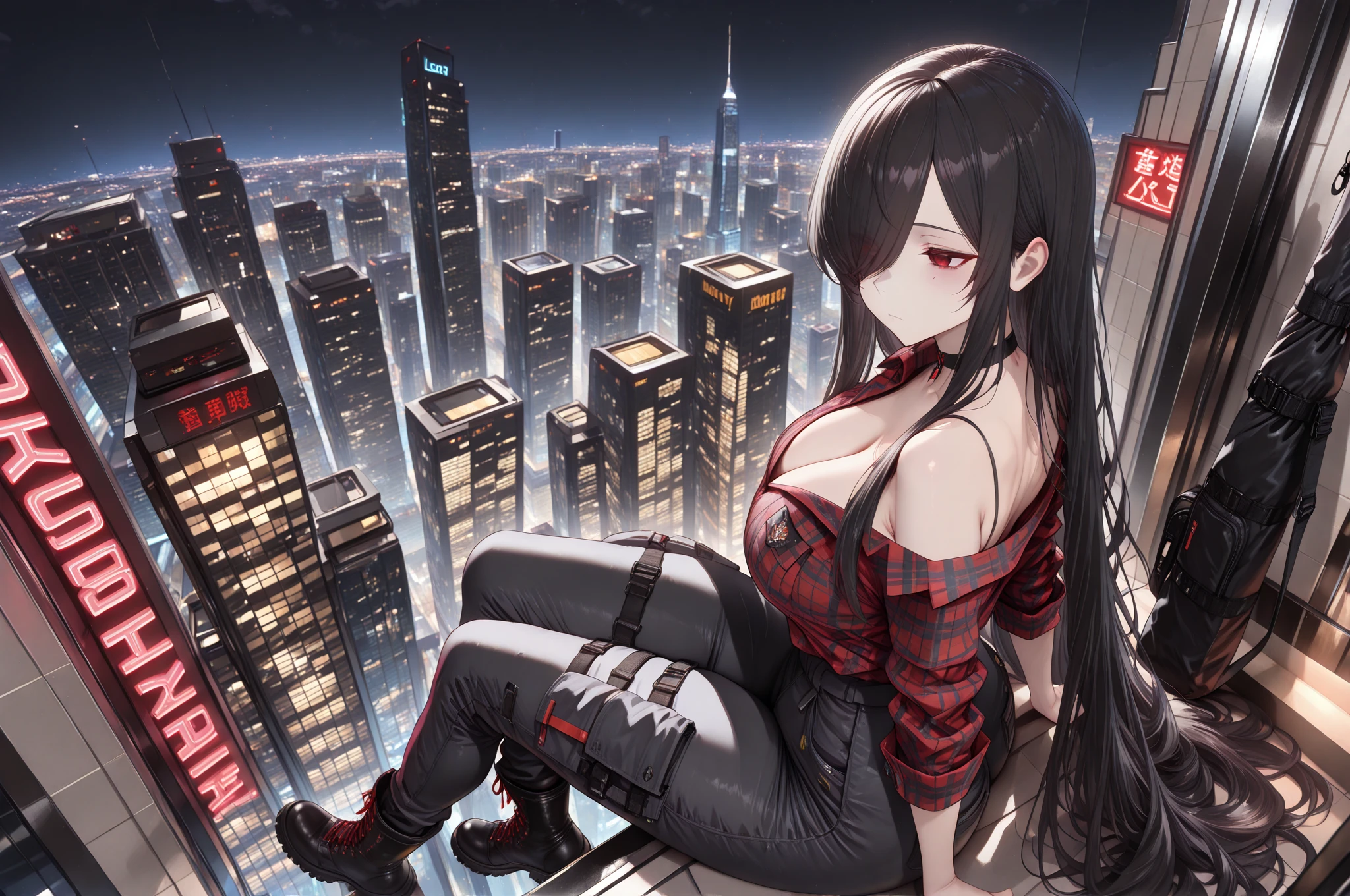 最high quality、best image quality、masterpiece、age girl((18-year-old、 by becoming、vest bust、medium bust,wide open breast tea、black eye, black hair、long hair、thin,highest valley、cute makeup、punk clothing、best smile、Red Face Paint、distressed jeans、distressed jacket、black sports bra、Crouching posture)),high quality、beautiful art、background((cool building rooftop、heliport、night)),pieces fly、Depth of written boundary、movie、visual art、perfect art、