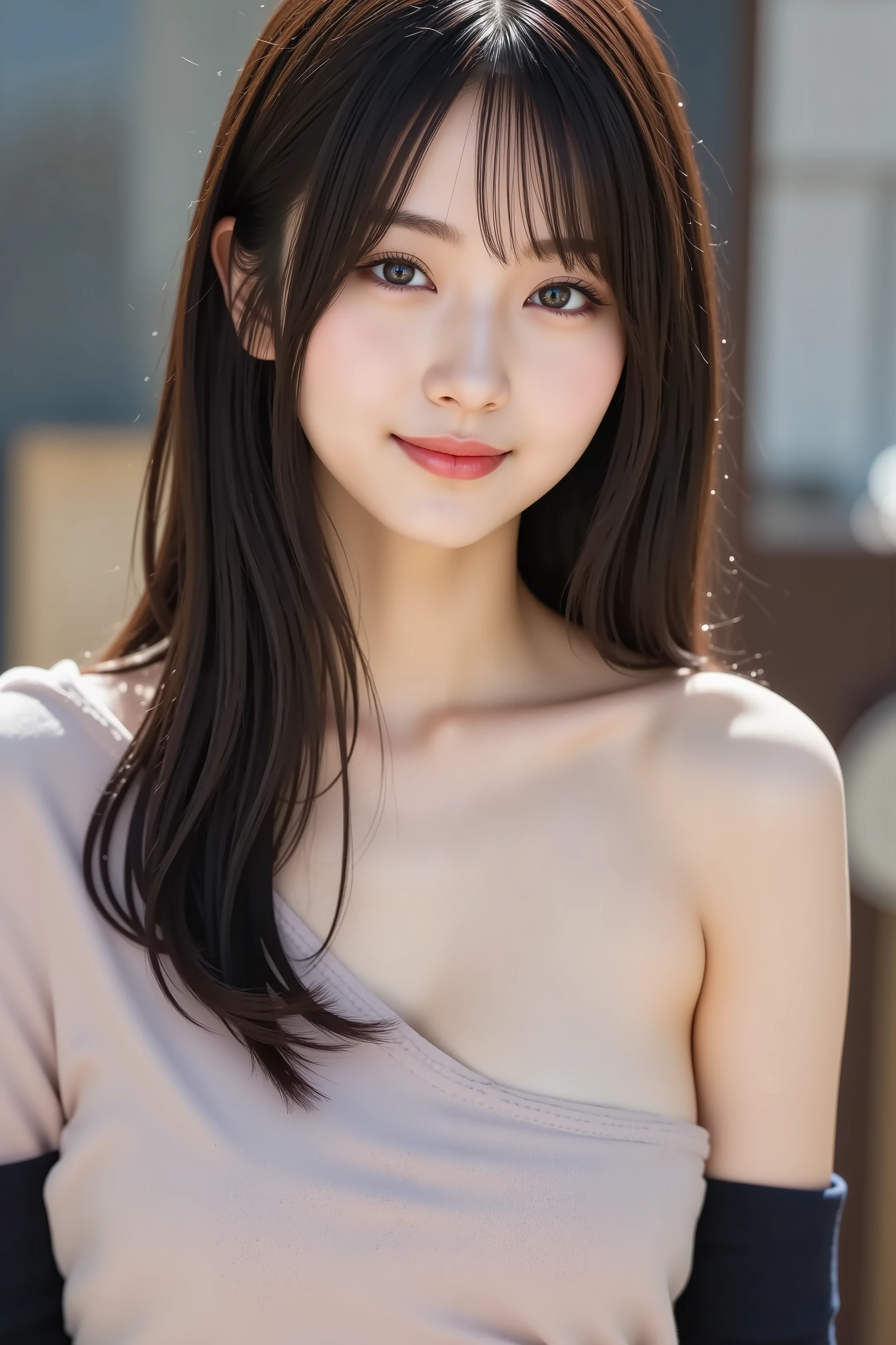 with the face positioned accurately in the center of the image, Upper chest, fine, clean skin、head is fully reflected with tight tension, face is clearly visible as a full body shot, One Shoulder Dress , night background、long black hair around my chest, Bangs, smile, young and cute Japanese face, OFFICIAL ART, high image quality CG Unity 8k wallpaper, Ultra high image quality, very detailed, high image quality, Filmgrain, Lens Flare Glow, top quality, 8k, as a portrait shot, 8k, viewer, masterpiece, top quality, very detailed, it's cute, sexy, very detailedな, Detailed Features , beautiful, illustration of a woman having a penis, beautiful Japanese woman, Women's 1, Tight chest