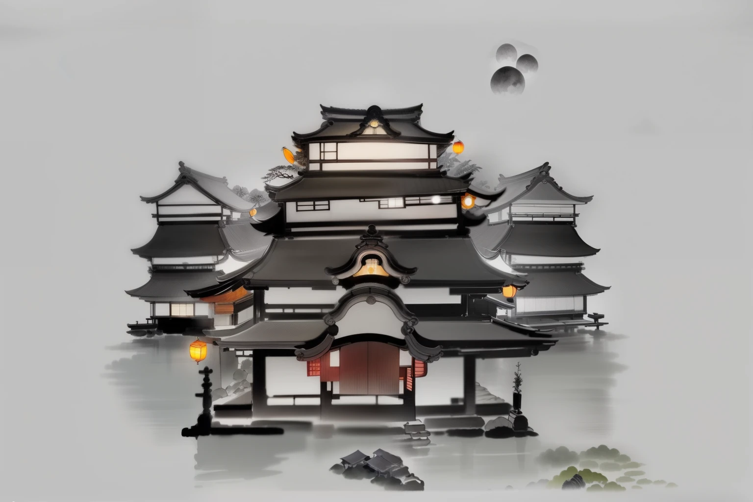 best quality, Japanese style, beautiful night scene, ryokan, lanterns, small pond nearby, ink painting style, outline light, atmosphere, depth of field, bamboo, pine trees, Japanese garden, flowing water, big full moon, (no color), B&W,The front is four stories high and the back is three stories high,Japanese fantasy, narrow bridge to the building on the far side