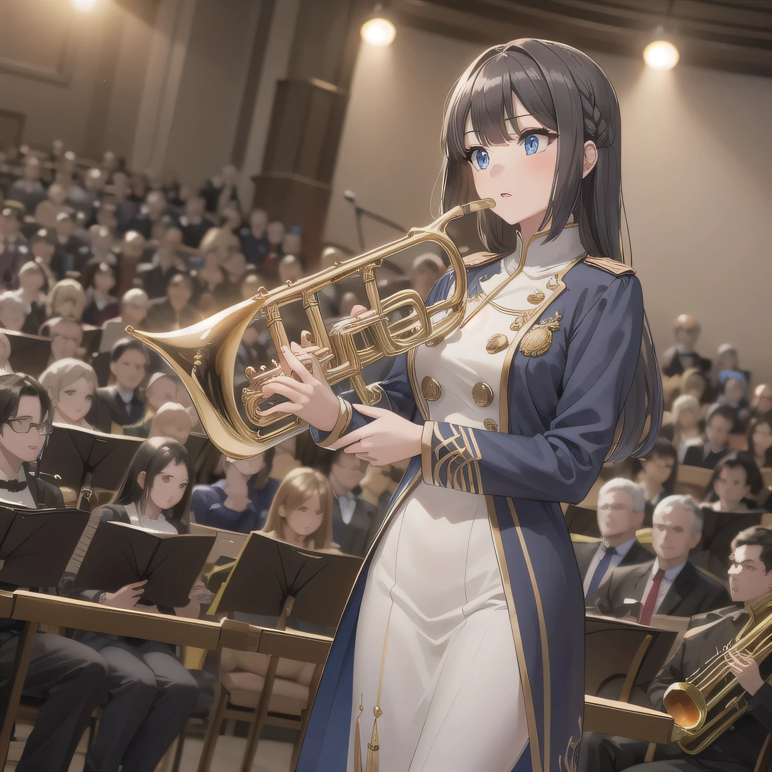 Depict a 20-year-old, dazzlingly beautiful woman playing a brass instrument in a grand concert hall. She wears an elegant yet practical band uniform, designed with intricate gold embroidery. Her posture is poised, fingers positioned with precision, her eyes focused as she plays passionately. The warm stage lighting highlights the shine of her instrument, creating a visually striking contrast between her and the surrounding orchestra. dark hair, long hair, blue eyes.