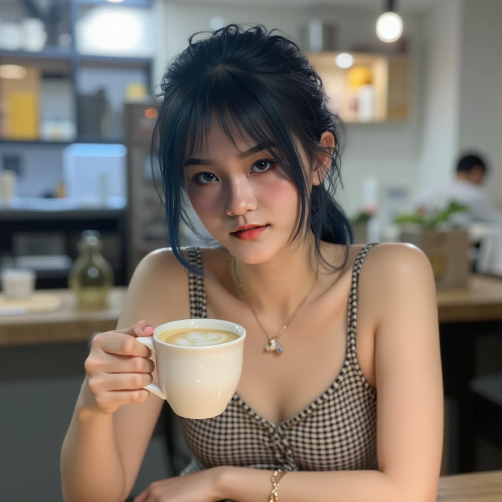 ((gigantic breasts)), ((18 years old,)), ((Very small head)), cute girl, Daylight, Sunlight, Bright light, (Perfect body : 1.1), (fullllbody), (short wavy hair:1.2, dark colored hair, Pink and blue mesh, Thin mesh), Full body shot, ((white blouse, navy tight skirt, black stockings)), (Very detailed CG 8k wallpaper), (extremely delicate and beautiful), (masterpiece), (Best Quality:1.0), (超A high resolution:1.0), (realisitic), beautiful lightning ,Perfect Lightning, Realistic Shadows, [hight resolution], Detailed skin, Ultra-detailed, Slim body), (Beautiful hair, Wavy Hair, Real Hair, detailed hairs, High ponytail), Fine Collarbone, Beautiful breasts, blush, Photorealistic, Realistic face, Beautiful face, Cute face, Realistic eyes, Small eyes, happy smile, light-pink colored lips, thin upper lip, (eye liner), (mascara), (eye shadow), (in a cafe), (seated on a chair), bighip,