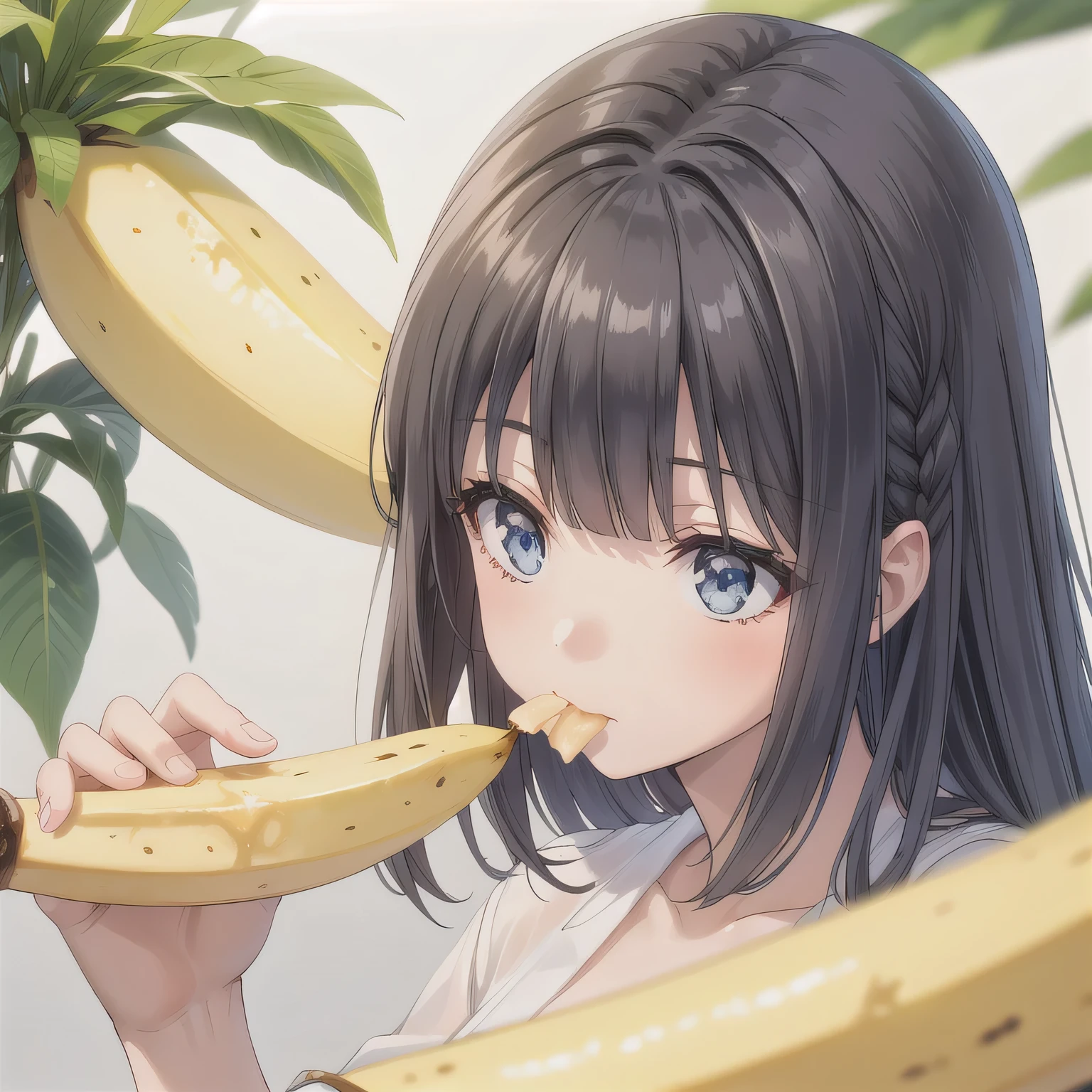 She is holding a banana with its peel partially removed, revealing the white fruit inside. She is eating the exposed white part. dark hair, long hair, blue eyes.