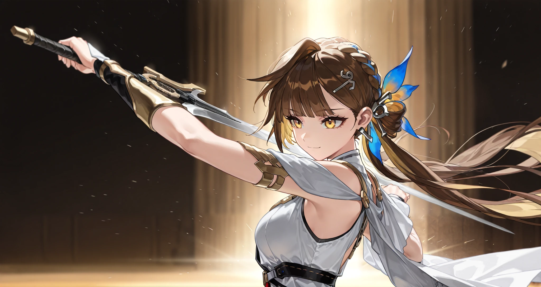by [arknights|(748cmstyle:0.5)], mature, young adult, masterpiece, best quality, amazing quality, very aesthetic, high resolution, ultra-detailed, absurdres,
1girl, woman, solo, alone,(dynamic pose, side shot, upper body focus, medium shot:1.2), Li Sushang,1girl, golden eyes,long hair,twintails, multicolored hair, (two-tone hair, blonde hair, golden hair:1.22), brown hair, wing hair accessories, ancient greek clothes, greco roman clothes, reverse grip swords, cocky smile, tsurime,
BREAK, depth of field, volumetric lighting
 