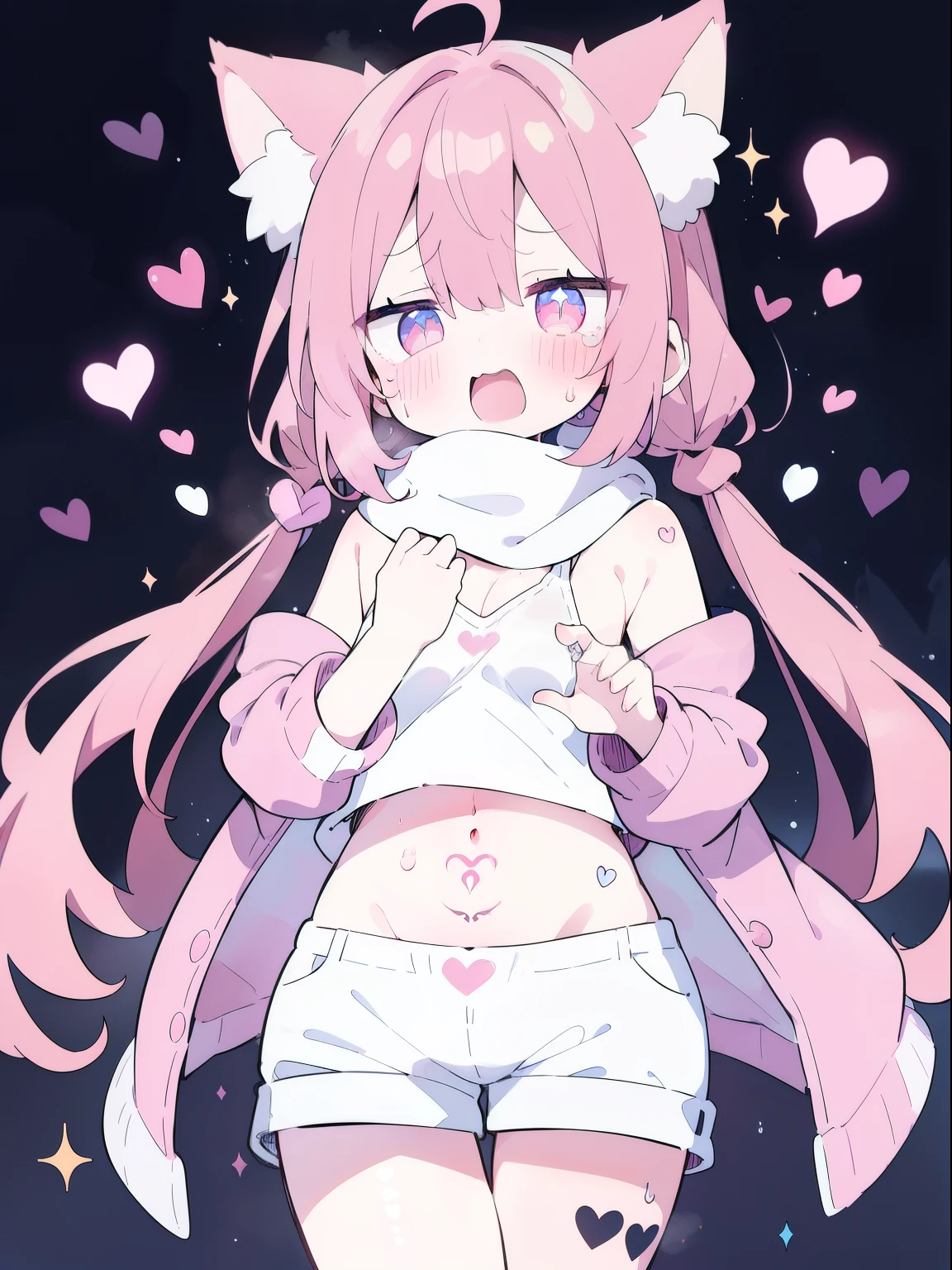 ((masterpiece))((Highest quality))girl、Laughing with your mouth open、blush、Flat Chest、Are thin、Blonde Hair、blush、Are standing、Whole body image、Eye level on face、、No background、Hair is two colors、Twin tails、Red Eyes、Two-tone red and yellow hair、Completely naked、Greeting with pussy