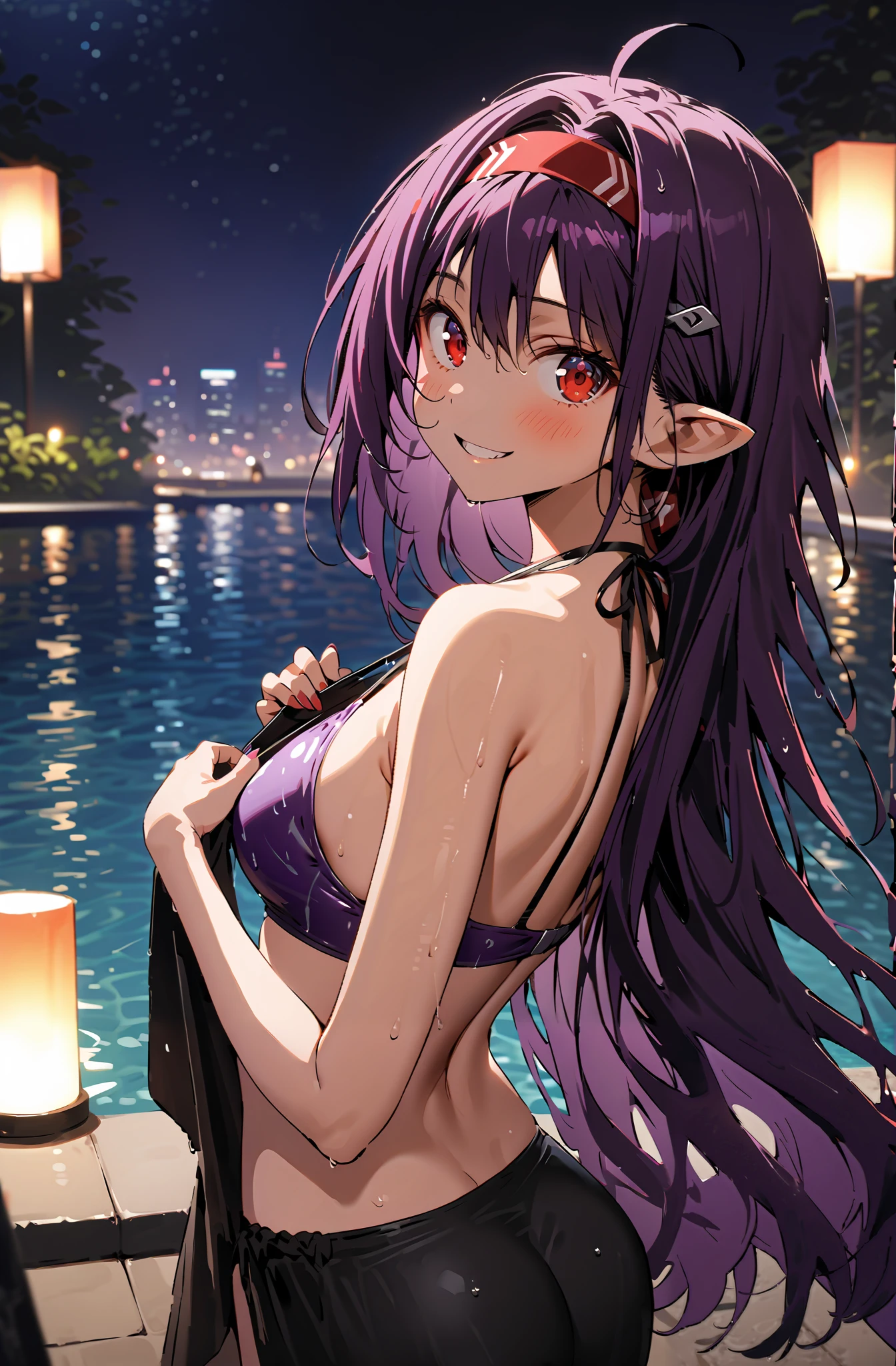 yuukiKonno, Konno Yuuki, stupid hair, Red hair band,long hair, pointed ears, purple hair, RED EYES,half up do,smile,blushes,open their mouths,purple string bikini swimsuit , back of the anus,is turning around after changing clothes,Submersion,night,綺麗なnight景,Beautiful cityscape,wet hair,wet skin, wet swimsuit ,The moonlight reflects off the surface of the water and is mysterious,full bodyがイラストに入るように,break outdoors,night pool,
break looking at viewer,full body,
break (masterpiece:1.2),top quality , kampala, Unity 8K Wallpaper ,(shape:0.8),( fine, beautiful eyes :1.6),It's a person ,full body写真,CG Details , (perfect hands,complete anatomy),