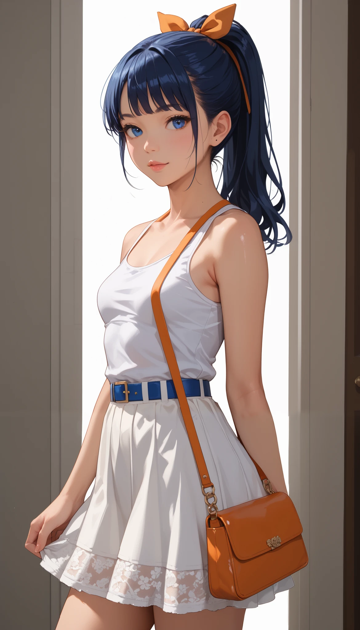 Solo Focus , 1 girl , (masterpiece , high quality:1) , Girl , Japanese , sexy photoshoot , Frankly , Asian , petite build ,small breasts, petite body , blue eyes , long dark blue hair tied in a ponytail, orange bow on her hair, white lace skirt, adult student , Girl in sexy clothes . White short blouse with a blue belt at the waist, black checker around the neck, cute tank top, standing, standing, , hands holding a cute handbag,
