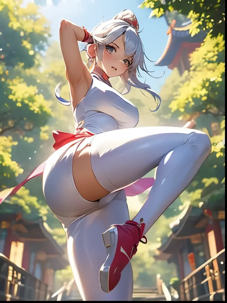 masterpiece, best quality, 1girl, solo, full body, miko, nontraditional miko, twintails, legs, pantyhose, white pantyhose, huge breasts, looking at viewer, ribbon, hair ribbon, wide sleeves, strappy heels, east asian architecture