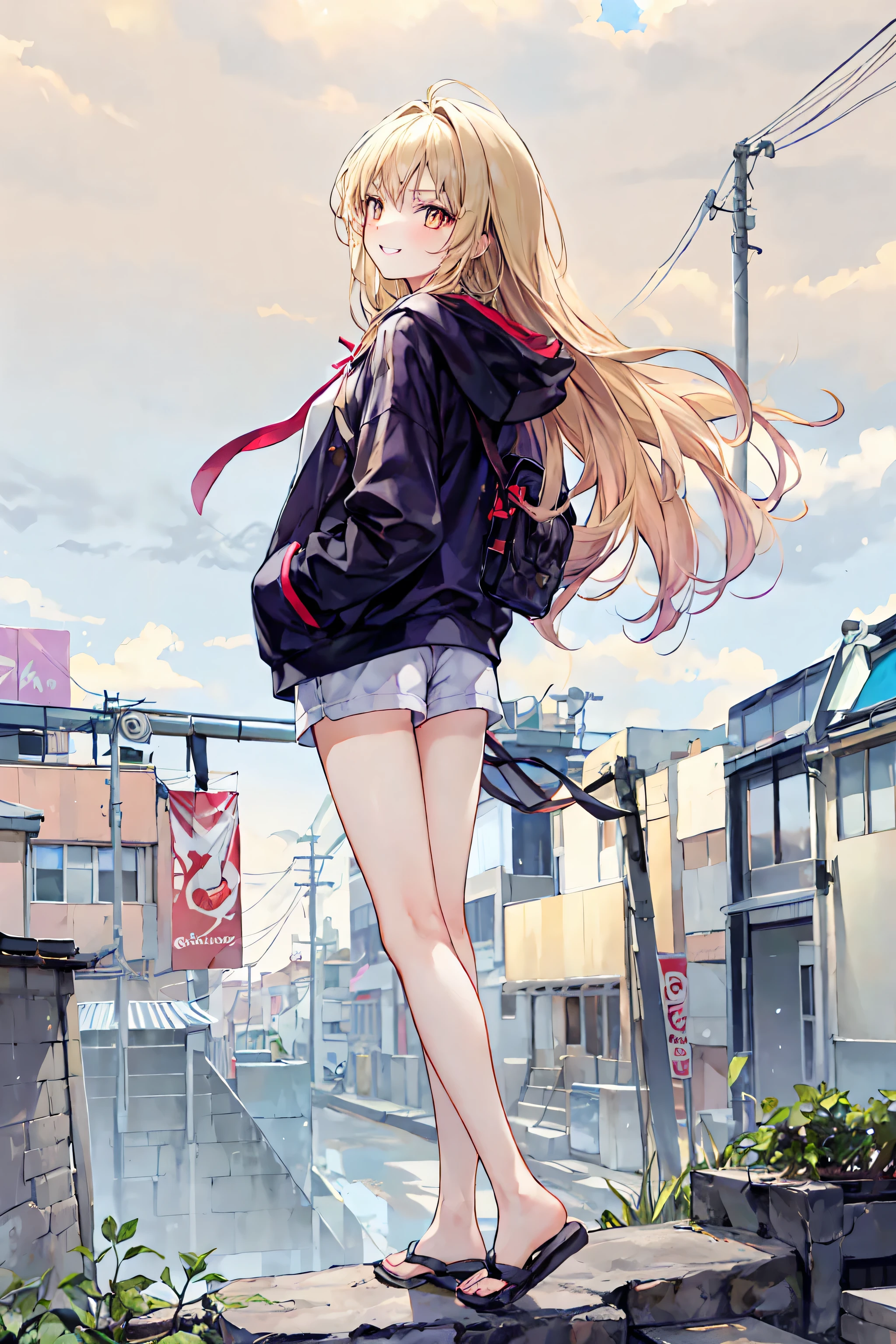 1 person, medium range shot , THE MOST DETAILED GIRL , Looking Back, perfect body, woman, 20 years old, Long Messy White Hair , dry hair, shiny platinum blonde hair, floating hair, Giant wild hair , Grin, V Shaped Eyebrows, Golden Eyes, medium chest , bright skin, clothes that are too big, hoodie, shorts, sandals, black clothes, masterpiece, best masterpiece,