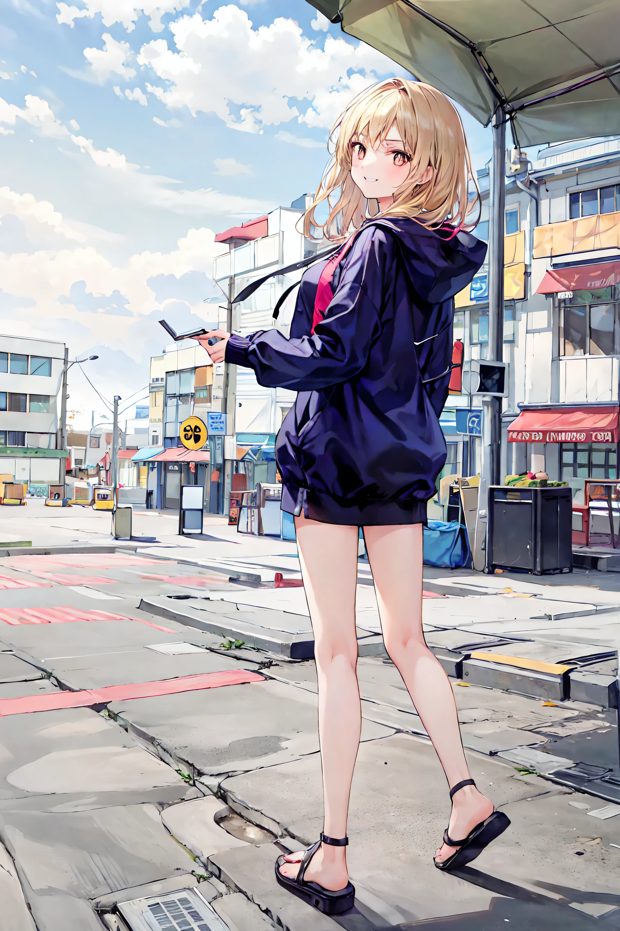 1 person, medium range shot , THE MOST DETAILED GIRL , Looking Back, perfect body, woman, 20 years old, Long Messy White Hair , dry hair, shiny platinum blonde hair, floating hair, Giant wild hair , Grin, V Shaped Eyebrows, Golden Eyes, medium chest , bright skin, clothes that are too big, hoodie, shorts, sandals, black clothes, masterpiece, best masterpiece,