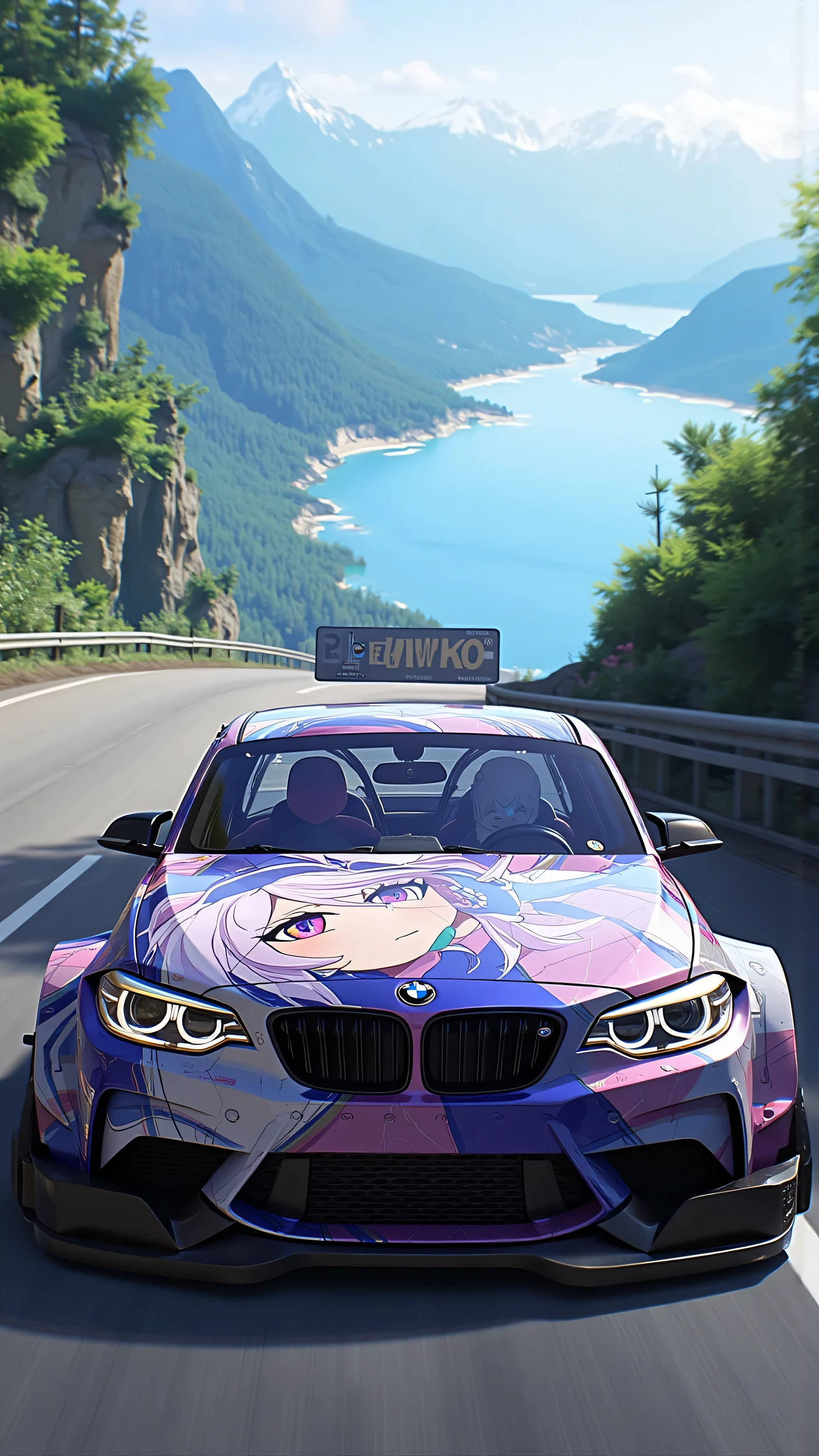 Red BMW 125i modification，wide body and negative wheel base wheels, painting an anime woman，Furina_Genshin，A girl cosplays Funina while sitting in a car and driving，The car is driving on a scenic road