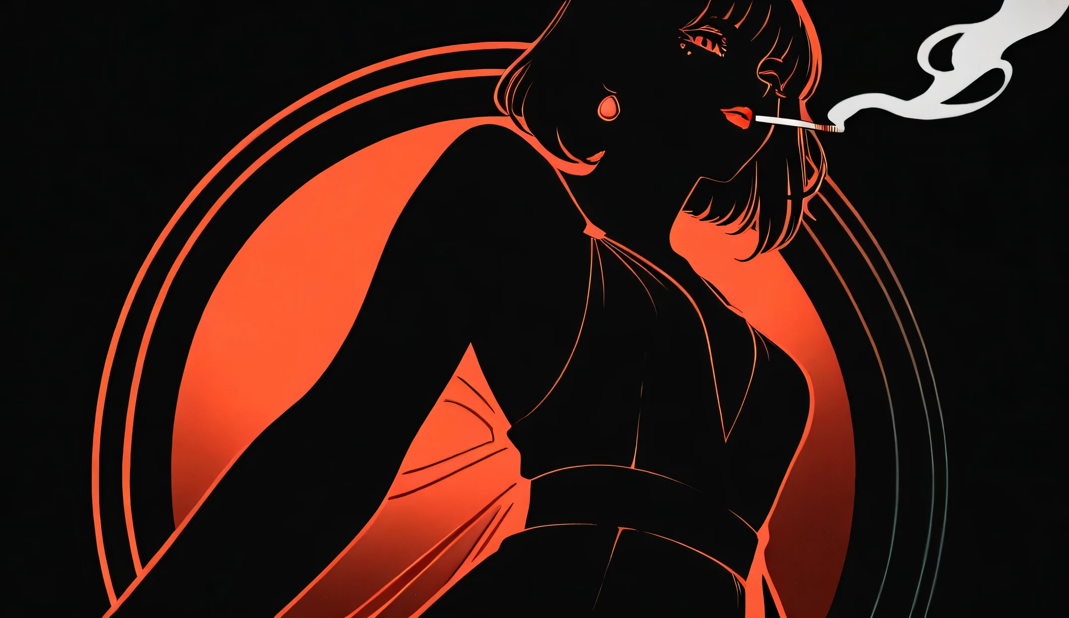 A cute Japanese girl smoking a cigarette, exhaling elegant swirling smoke, close-up shot focusing on her face, wearing a vintage 1920s flapper dress with stylish accessories, monochrome black and white, high contrast lighting, cinematic noir style, art deco aesthetics, dramatic shadows, a sweet yet mysterious expression, single subject, symmetrical composition making it visually appealing from both top and bottom perspectives. Exaggerated swirling smoke for a dramatic effect, bold red lipstick (but still in monochrome), dark smokey eye makeup, mysterious gaze, Art Deco geometric patterns in the background, cool and mysterious pose, holding a cigarette holder for a retro vibe