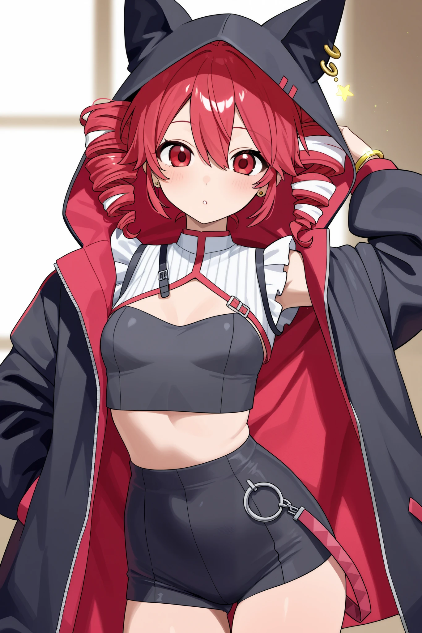 VOCALOID’s kasane teto (The costume of the god of Anubis)(Angel's light ring)(a lot of earring)(Wearing a hood)(The hair on both sides is floating next to the hood)(A hood big enough to cover the entire hair)