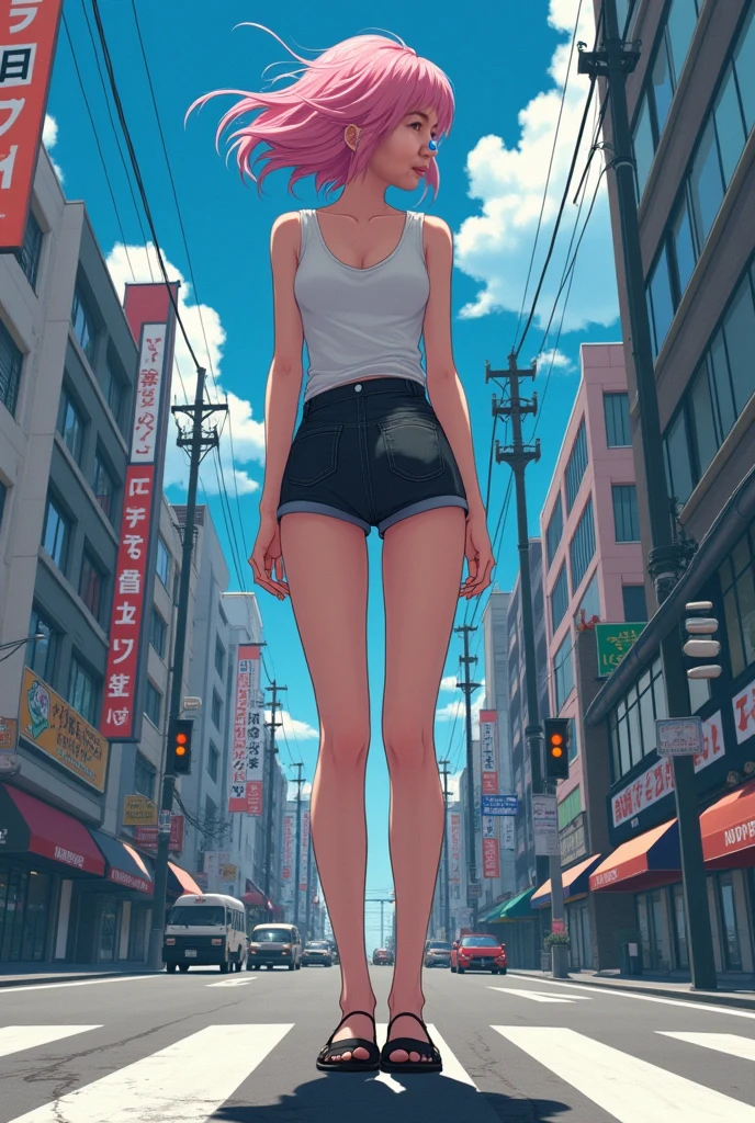 1girl, short black hair, blue eyes, wearing white shirt, Denim shorts , city, absurdres, high res, ultrasharp, 8k, masterpiece, looking at viewer