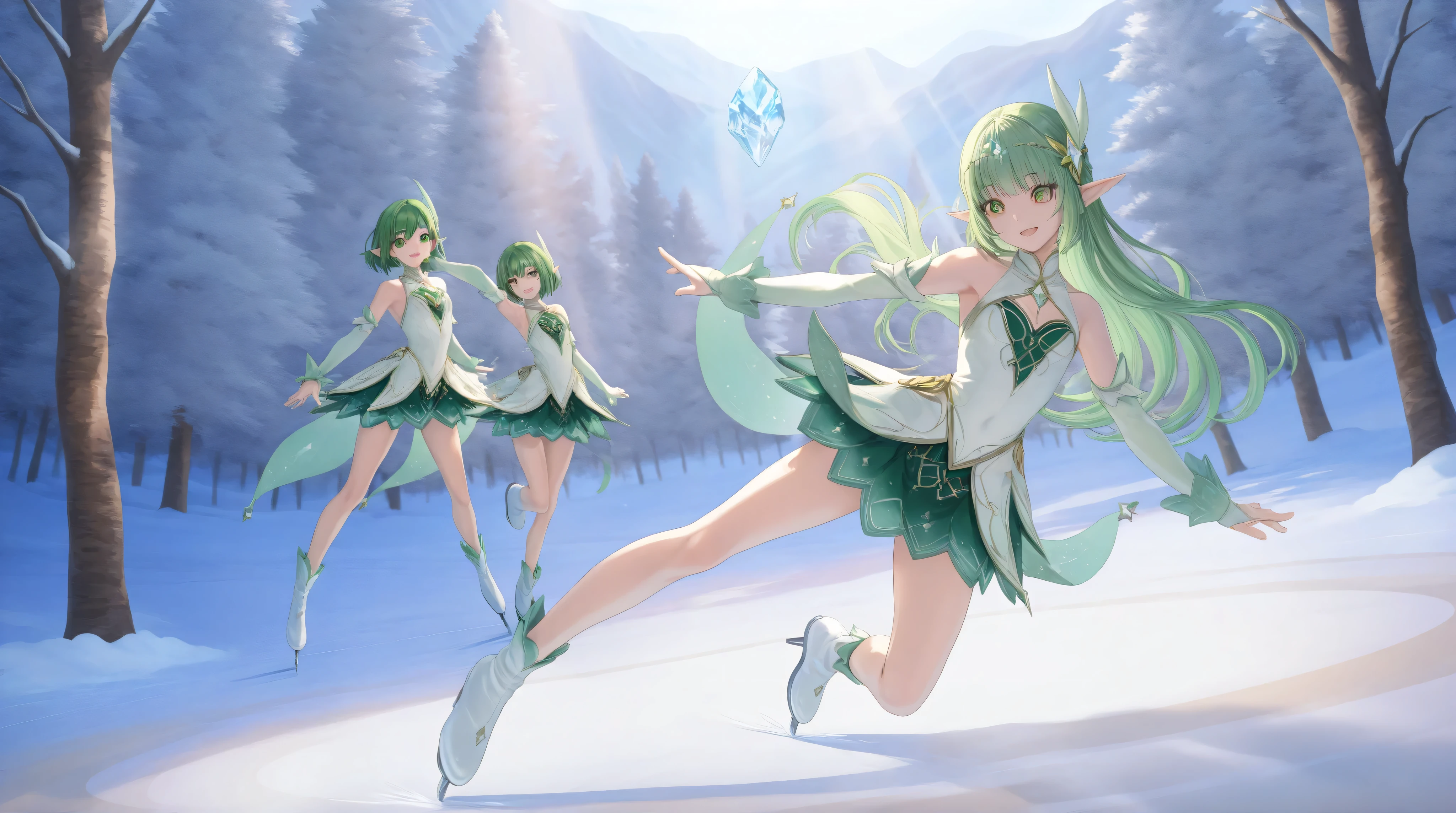 A petite elf girl with vibrant green hair, delicate features, and fair skin stands gracefully. Her pointed ears peek through her soft green hair, emphasizing her enchanting presence. Her gentle expression and slender figure highlight an aura of innocence and magical charm, capturing a serene moment in a fantasy setting. She elegantly glides across a natural outdoor ice rink, dressed in a beautiful figure skater costume. Her graceful movements convey elegance and skill as she performs a captivating skating routine. The picturesque outdoor setting features pristine ice surrounded by snow-covered trees and mountains, with soft sunlight enhancing the magical and serene atmosphere. Her figure-skating costume sparkles subtly, complementing her graceful and dynamic presence in this enchanting winter scene.