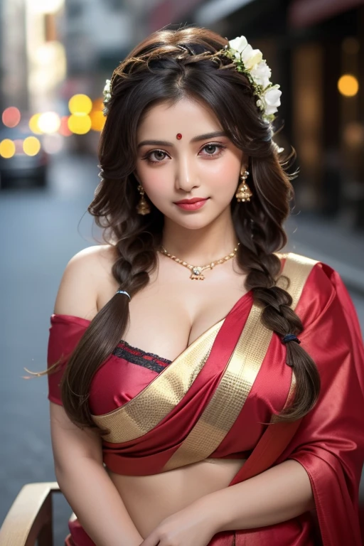 Sexy woman, MILF, neighbour, black hair in a bun, seductive eyes, blushing, seductive smile, amazing makeup, wearing a saree, lustful look, sultry pose
