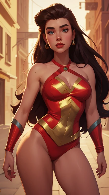 long hair, gal gadot face, red dress, looking at camera, from below, upskirt, cameltoe, smile, sexy face