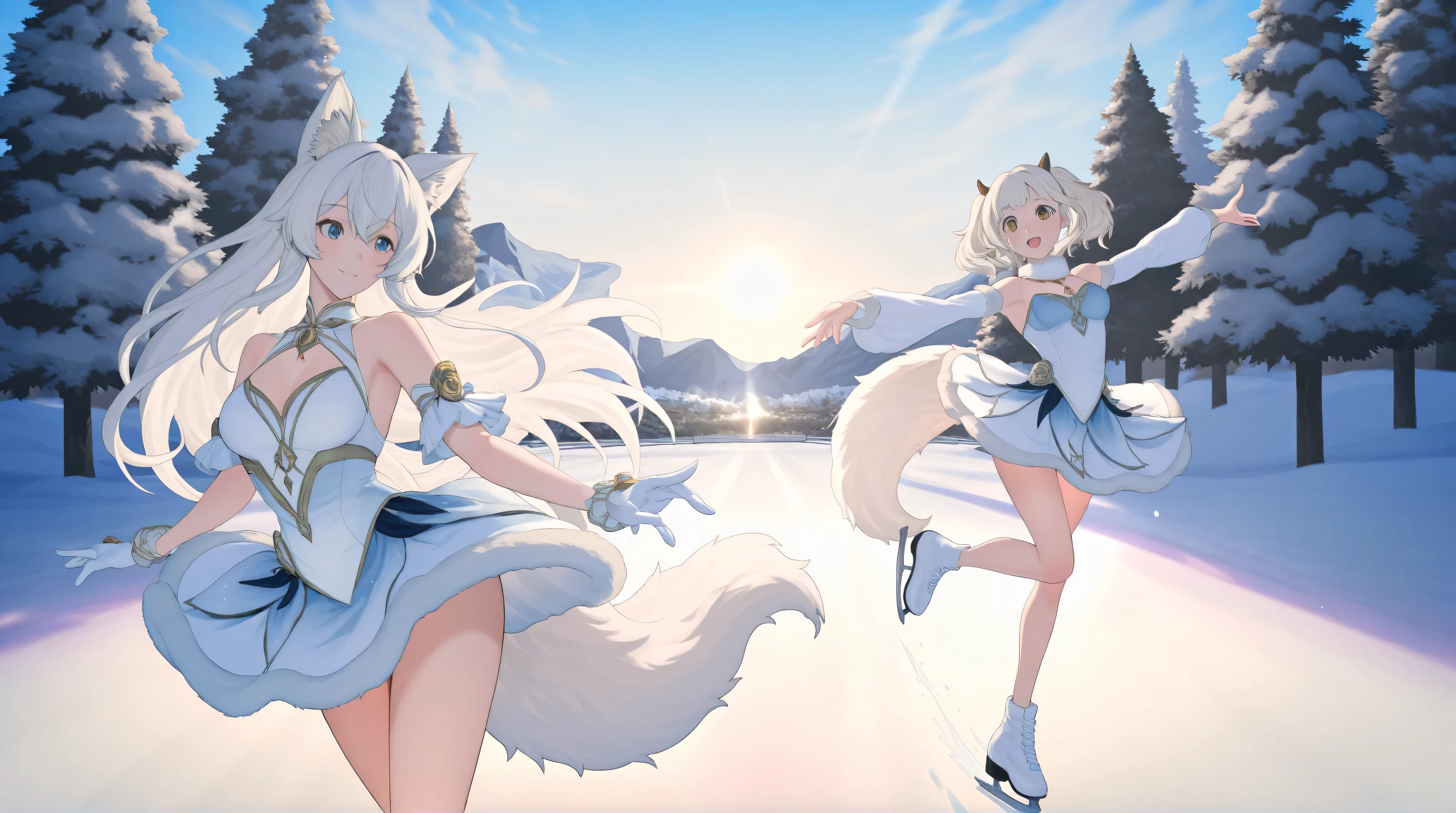 (superflat, flat shading, flat colors:1.1), wide angle, 2girls, little ???, 10yo, small breast, white hair, (white fox ears), (white fox tail:1.2), white sports bra, white panties, smile, blush, fun, bare feet, standing on snow, stretching, doing exersises, winter forest, bright sunlight, white, best shadows, watercolor,