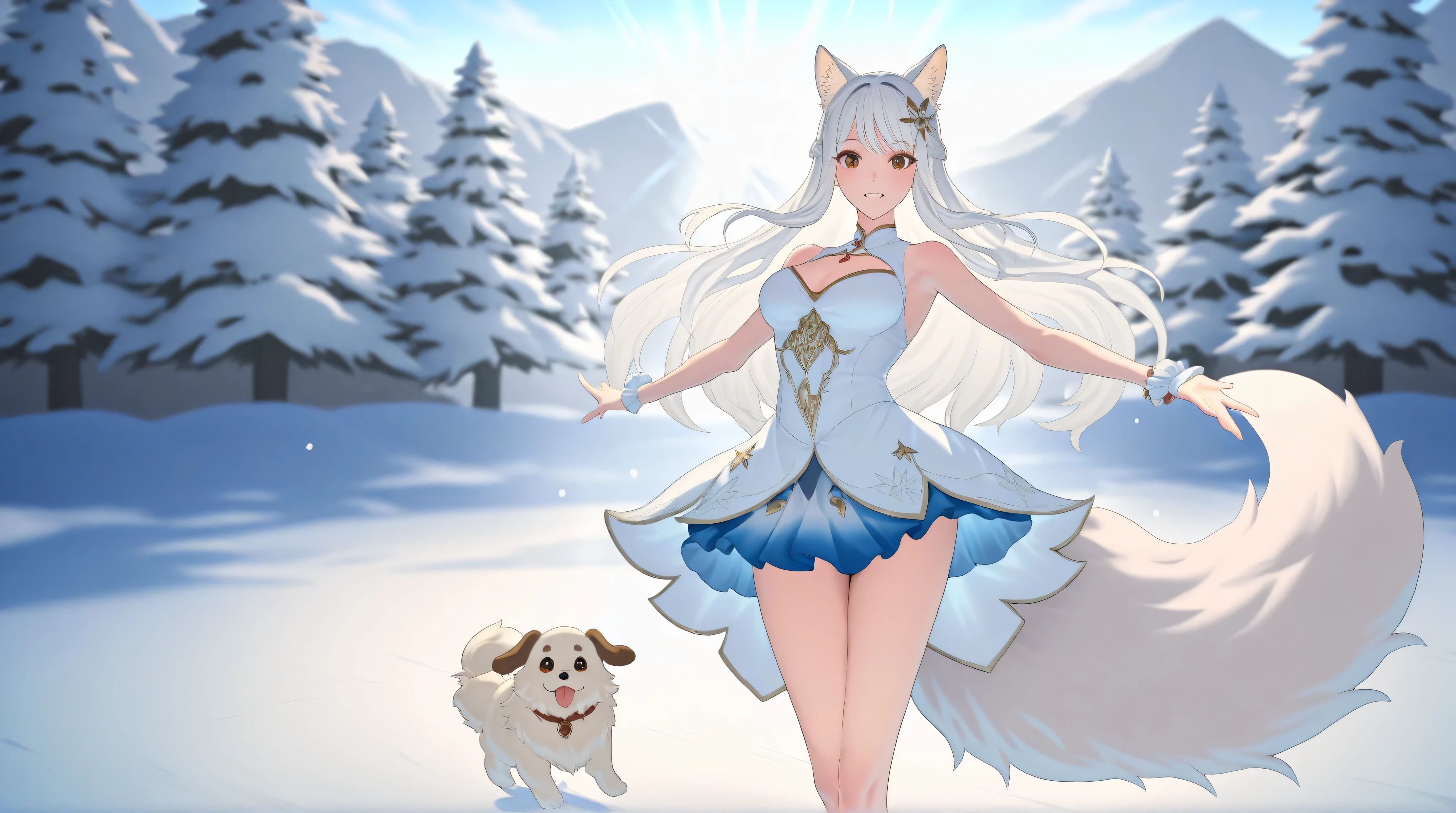 A tall anime-style girl with long, flowing white hair and expressive dog ears stands gracefully. Her fluffy tail sways gently behind her, enhancing her charming presence. With her elegant posture and soft, detailed features, she radiates warmth and confidence. She elegantly glides across a natural outdoor ice rink, dressed in a beautiful figure skater costume. Her graceful movements convey elegance and skill as she performs a captivating skating routine. The picturesque outdoor setting features pristine ice surrounded by snow-covered trees and mountains, with soft sunlight enhancing the magical and serene atmosphere. Her figure-skating costume sparkles subtly, complementing her graceful and dynamic presence in this enchanting winter scene.