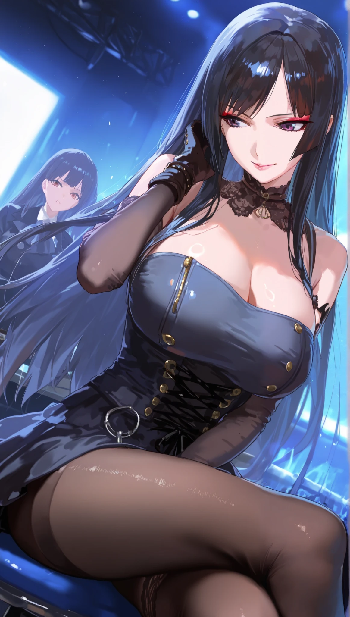 illustration , best quality , dramatic lighting , masterpiece , best quality , ultra-detailed , photorealistic. 3 girls, character in a band , music studio , with a stern and cool eyes . a good looking and alluring woman with long flowy black hair, layered hair styled with revealing her forehead in parted bangs,eyeshadow, big breast, as they wore gothic and emo attire, posing for photoshoot, (album poses),(super sharp focus)