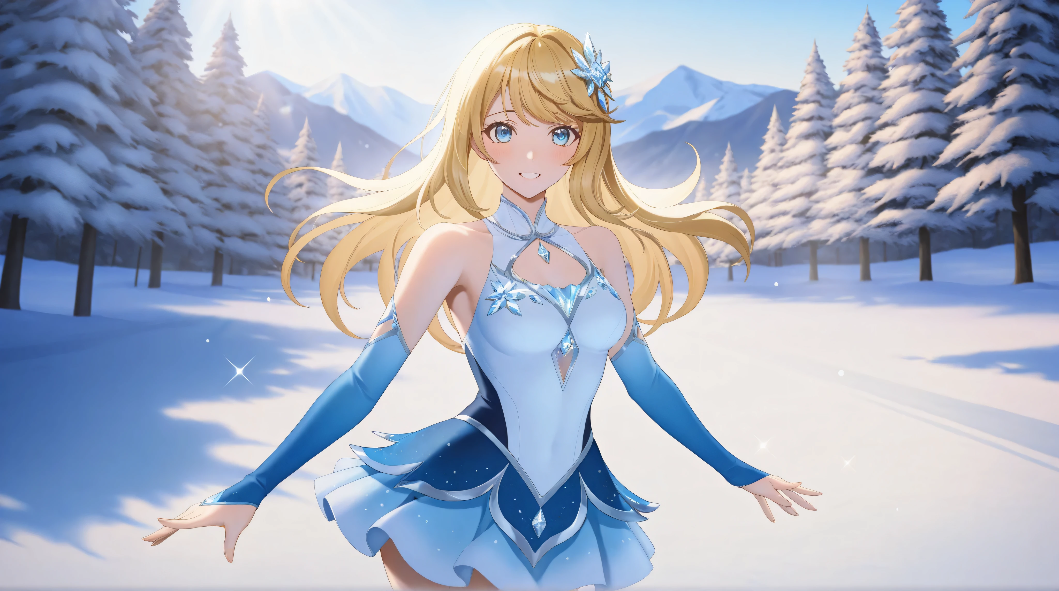 A 15-year-old anime-style girl with bright golden blonde hair. Her youthful face displays an innocent and charming expression, complemented by soft features characteristic of anime art. Her golden hair shines softly, enhancing her lively, youthful appearance in this cheerful and vibrant scene. She elegantly glides across a natural outdoor ice rink, dressed in a beautiful figure skater costume. Her graceful movements convey elegance and skill as she performs a captivating skating routine. The picturesque outdoor setting features pristine ice surrounded by snow-covered trees and mountains, with soft sunlight enhancing the magical and serene atmosphere. Her figure-skating costume sparkles subtly, complementing her graceful and dynamic presence in this enchanting winter scene.