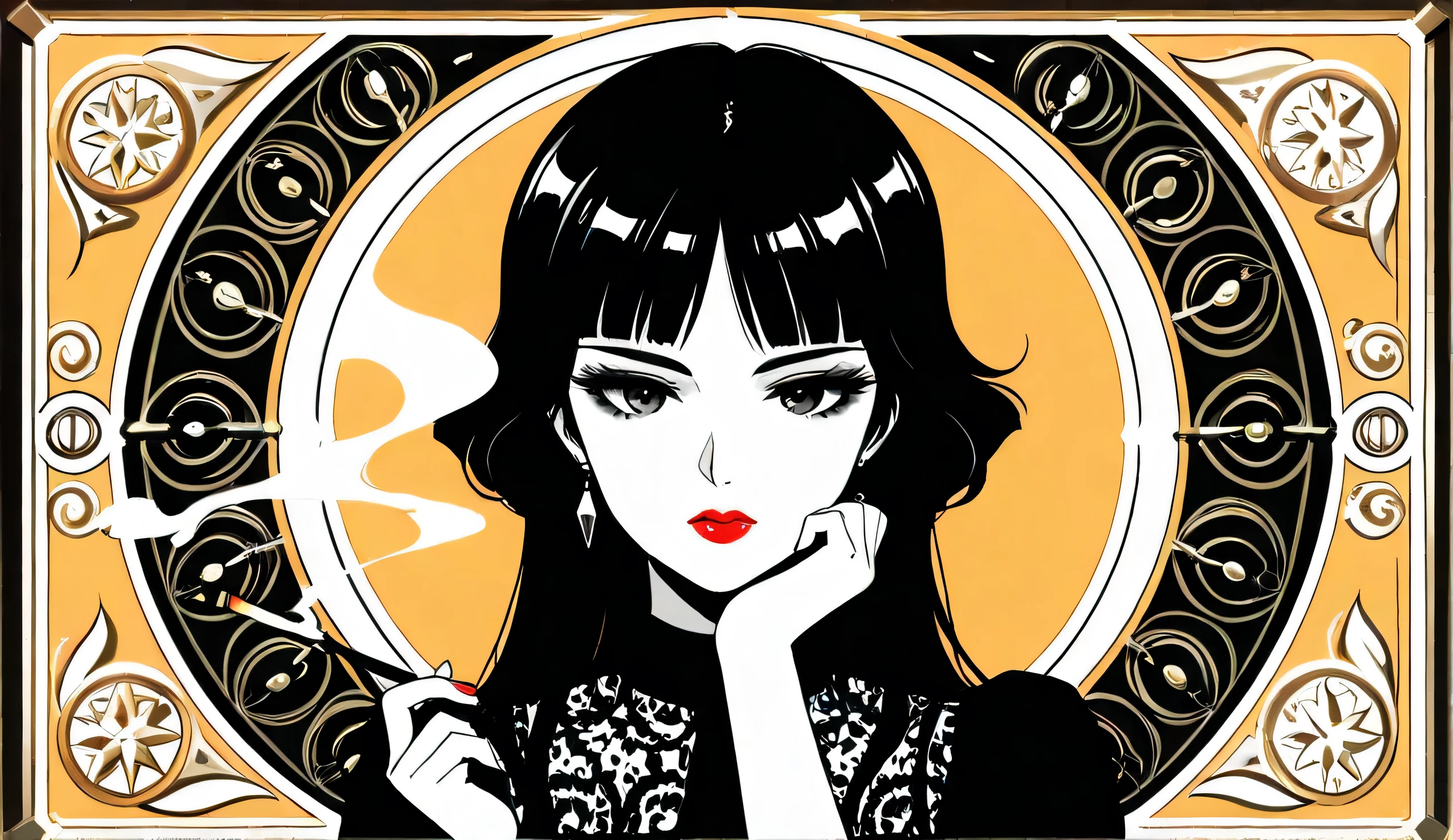 A cute Japanese girl smoking a cigarette, exhaling elegant swirling smoke, close-up shot focusing on her face, wearing a vintage 1920s flapper dress with stylish accessories, monochrome black and white, high contrast lighting, cinematic noir style, art deco aesthetics, dramatic shadows, a sweet yet mysterious expression, single subject, symmetrical composition making it visually appealing from both top and bottom perspectives. Exaggerated swirling smoke for a dramatic effect, bold red lipstick (but still in monochrome), dark smokey eye makeup, mysterious gaze, Art Deco geometric patterns in the background, cool and mysterious pose, holding a cigarette holder for a retro vibe