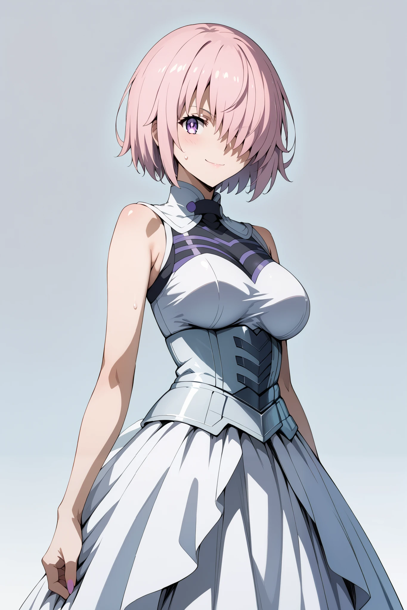 score_9, score_8_up, score_7_up, source_anime, 4K,perfect fingers,(perfect hands, perfect anatomy),prefect lighting, very aesthetic, intricate details,highly detailed background, masterpiece, high quality, best quality,
1girl, mashkyrielight, mash kyrielight, short hair, purple eyes, pink hair, hair over one eye, large breast,
wearing ((black wedding dress, ))
sweating, ((white plain background)), standing,looking at viewer,evil smirk,((front look:1.5)),