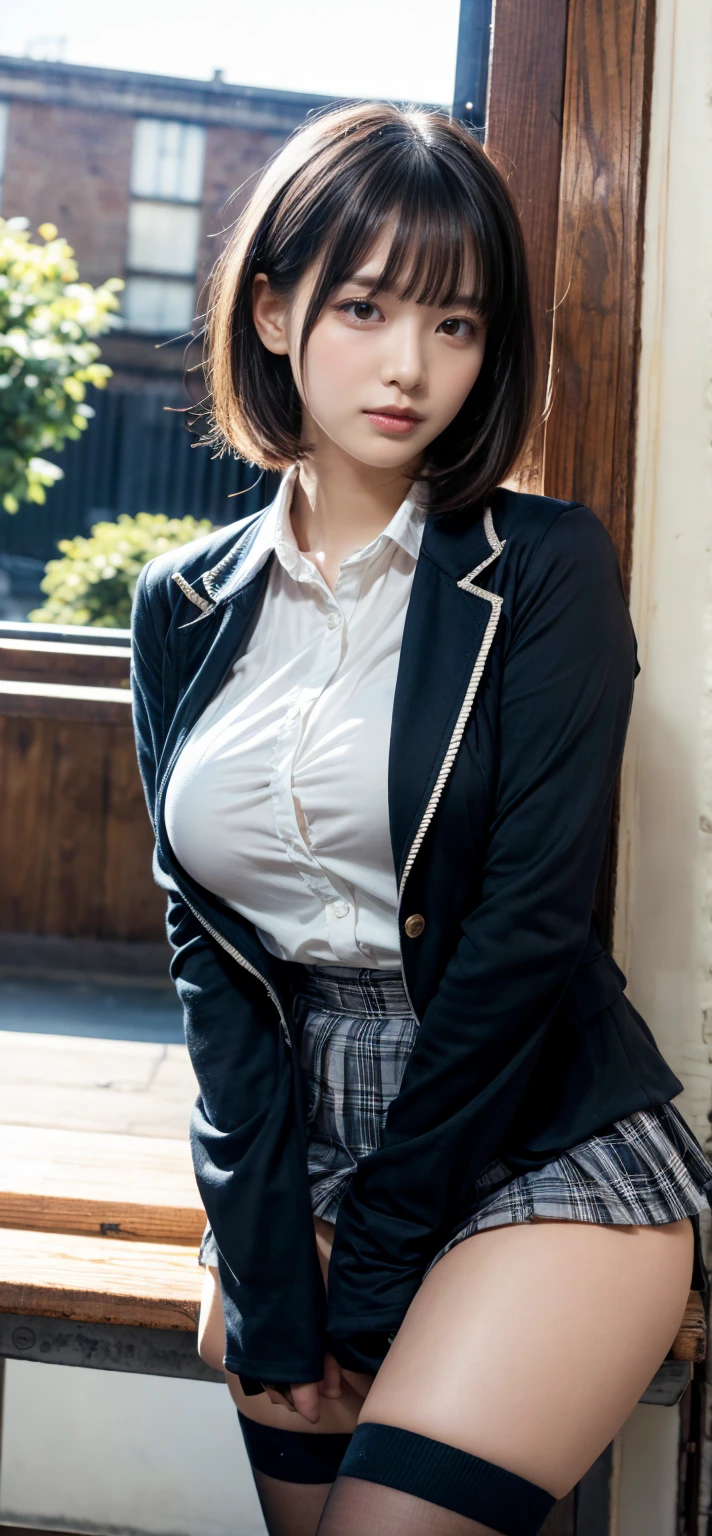 Top Quality, Photorealistic, 8K, High Definition, 1 Girl, Female, (1.8), School, Schoolgirl, Blazer, Uniform, Pubic hair visible, No panties, Skirt boldly pulled up, ((Sit in chair and legs wide open)), Bend your knees and open your legs, Slightly shorter hairstyle, Grab your knees with your hands to open your legs, Buttoned shirt flutters