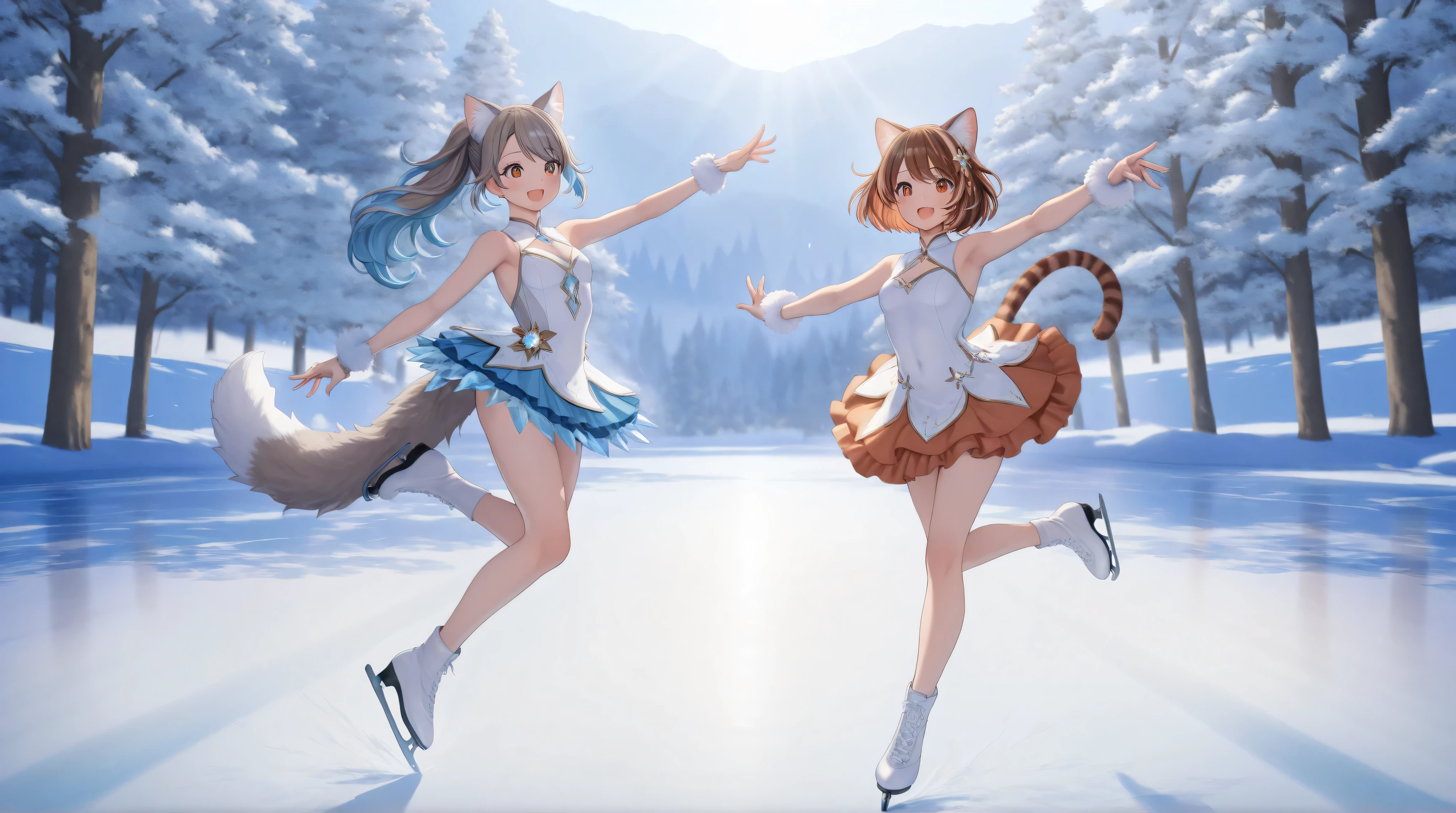 A ite anime-style girl with cat ears, featuring short, striped brown tabby-colored hair. She has distinct cat ears atop her head and does not have human ears. A fluffy cat tail gently sways behind her, complementing her playful and charming appearance. She elegantly glides across a natural outdoor ice rink, dressed in a beautiful figure skater costume. Her graceful movements convey elegance and skill as she performs a captivating skating routine. The picturesque outdoor setting features pristine ice surrounded by snow-covered trees and mountains, with soft sunlight enhancing the magical and serene atmosphere. Her figure-skating costume sparkles subtly, complementing her graceful and dynamic presence in this enchanting winter scene.