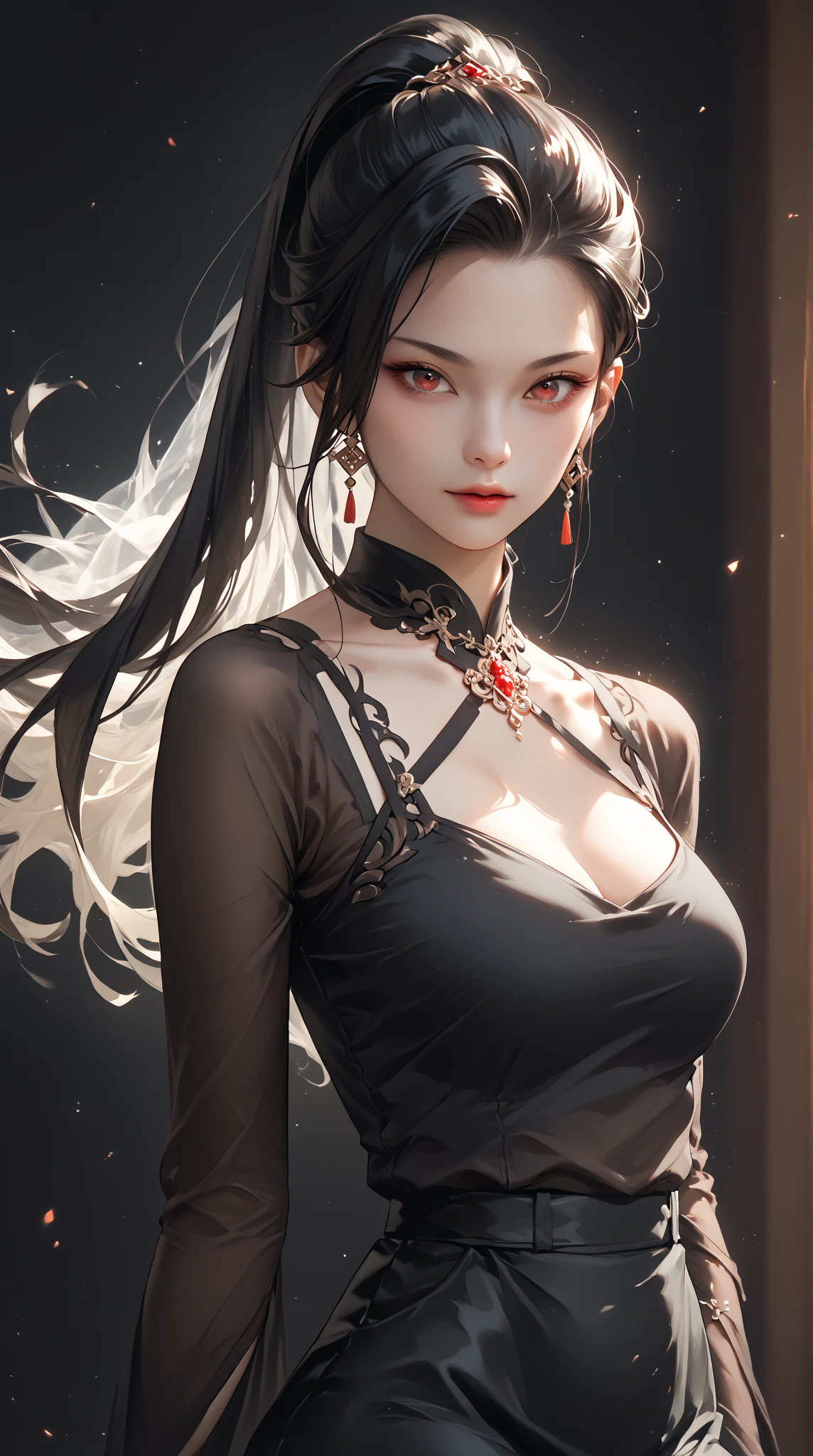 1 beautiful devil woman from hell, In the Dark: 1.6), surreal female portrait by David Hockney and Alphonse Mucha, fantasy art, korea doll, photorealism, dynamic lighting, artstation, poster, volumetric lighting, very detailed faces, 8k ultra, Awarded, in the dark, deep shadow, low key, cowboy lens, (Red phoenix dress: 1.4), long hair, black hair, bust, luxurious palace, Royal style, devil crown, red eyes make up very sharp and detailed, The most beautiful face, The breasts are very big and round and round, Super realistic, chinese women's clothing, polo neck sweater, Charming smile, The eyes are very well made up, guweiz, devil style, wearing black mesh socks, Ponytail with a bow tied at the back of the hair, Red black lips, Devil tattoo on shoulder, wearing a thin red and black robe, the landscape is overcast and thunderous, (Portrait), Close-up of the main character, (Background details 1.8),