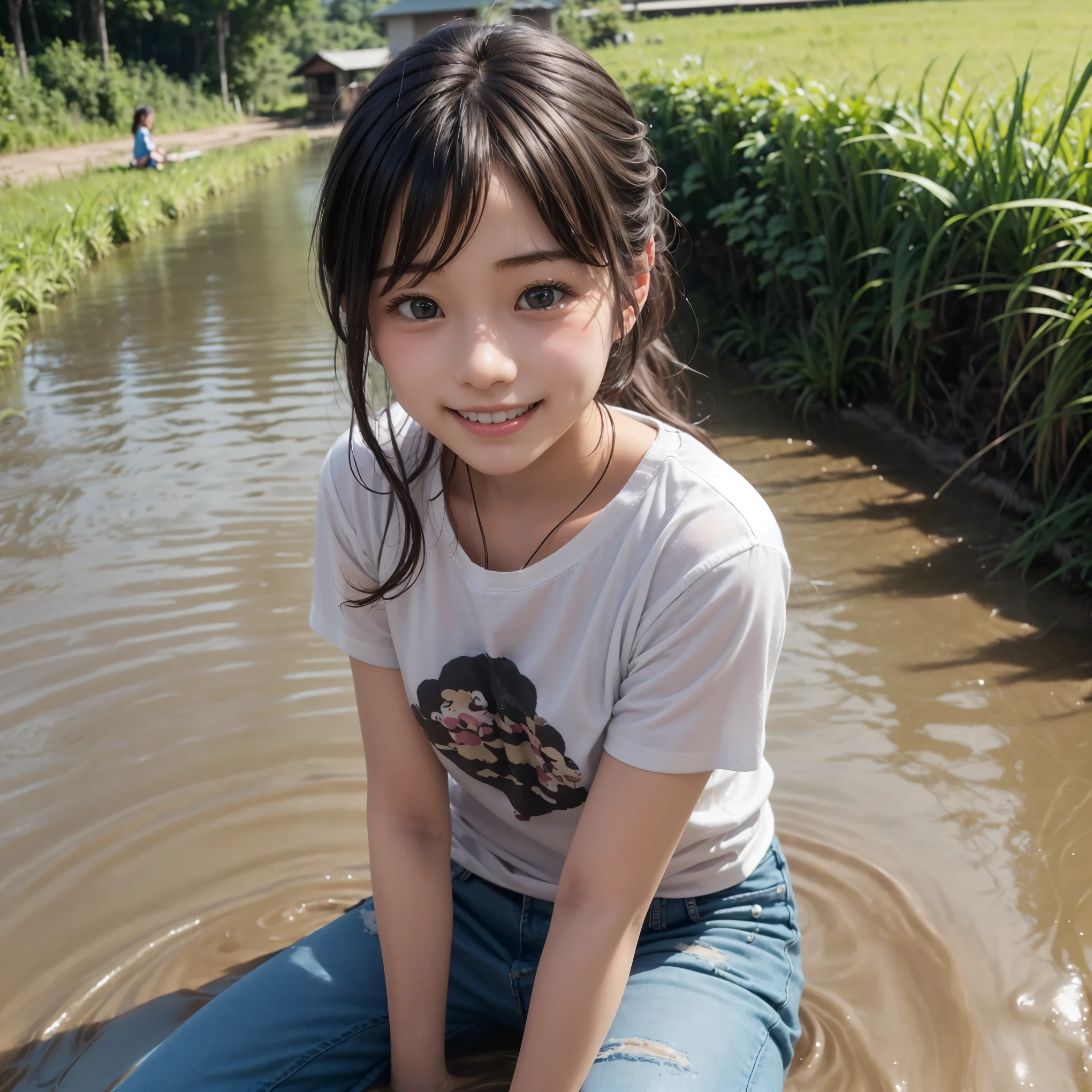 (5 cute Japanese girls)、smile、Baby Face、Rice field、T-shirts and jeans are dirty with mud、Playing in the mud