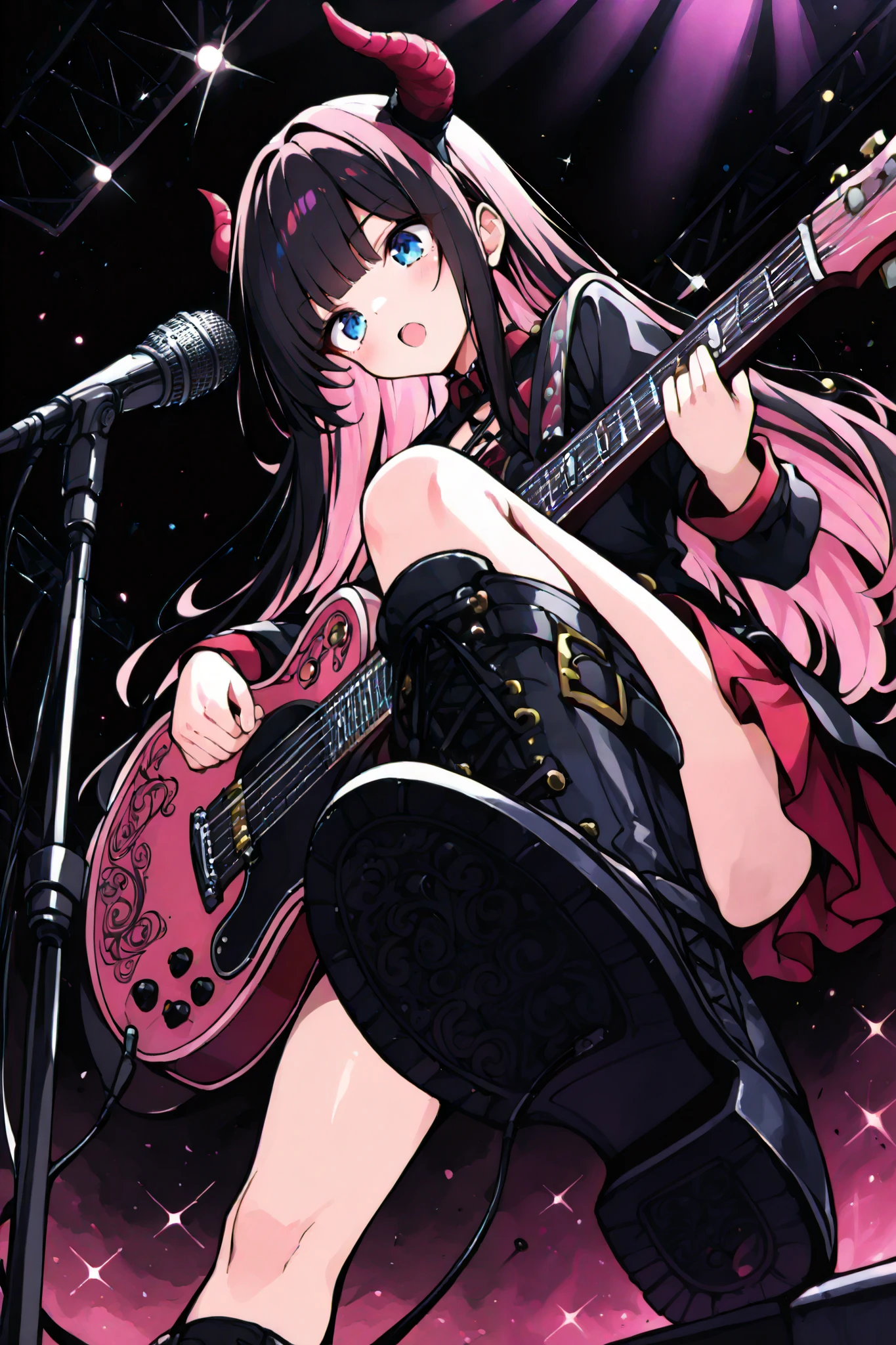 (masterpiece, detailed:1.2), foot focus,very beautiful, Boots on amps. high definition, latest, , 2024, band_( music),1 girls, concert, from below, viewers, microphone_stand, guitar, holding guitar, break, long hair, black hair, Singing , break, PINK HAIR, blue eyes, break, One knee up.engraved,748cmstyle,