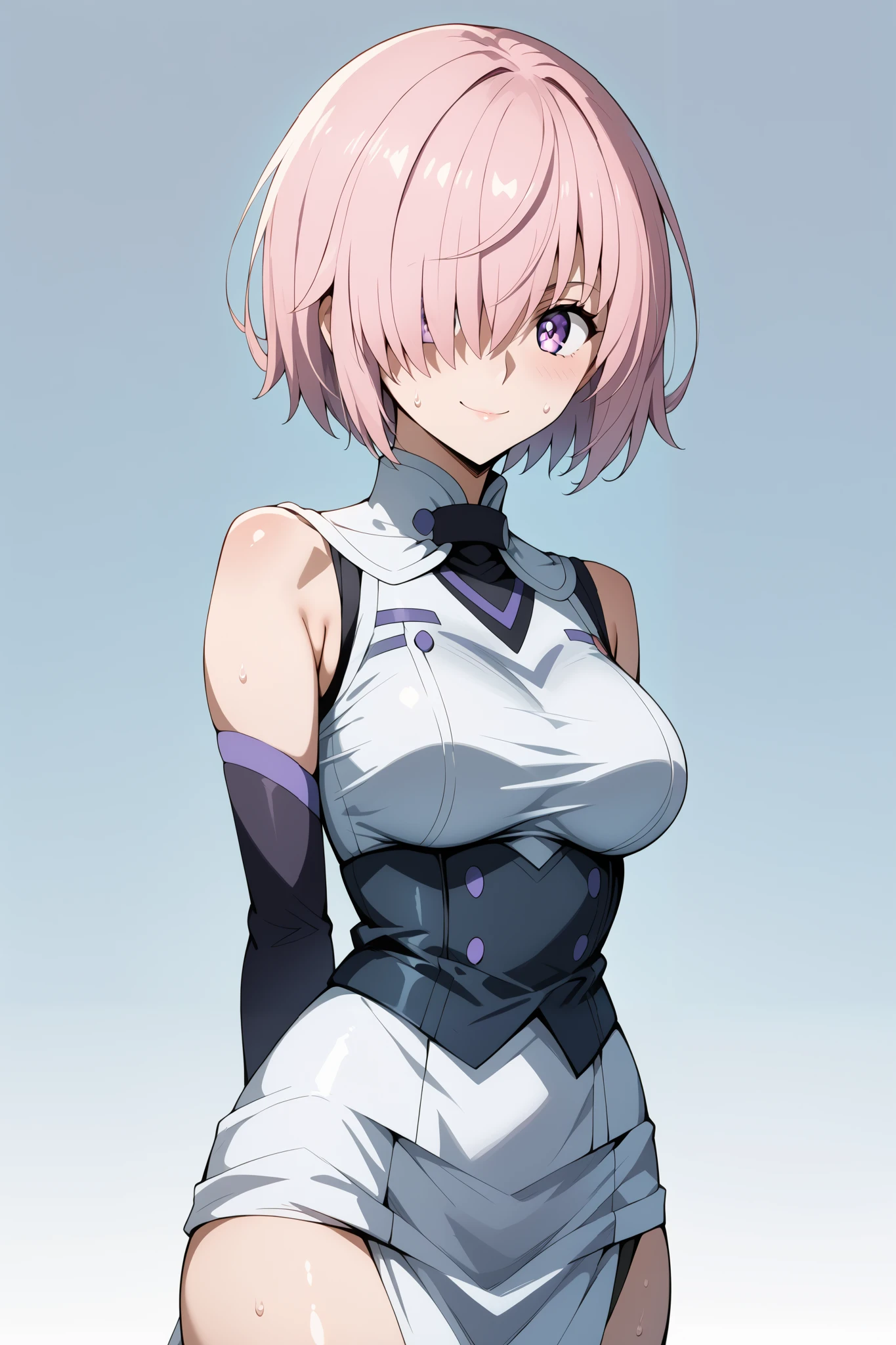score_9, score_8_up, score_7_up, source_anime, 4K,perfect fingers,(perfect hands, perfect anatomy),prefect lighting, very aesthetic, intricate details,highly detailed background, masterpiece, high quality, best quality,
1girl, mashkyrielight, mash kyrielight, short hair, purple eyes, pink hair, hair over one eye, large breast,
wearing ((black wedding dress, ))
sweating, ((white plain background)), standing,looking at viewer,evil smirk, cowboy shot, filed, Arms Behind Back, high thigh individual ,