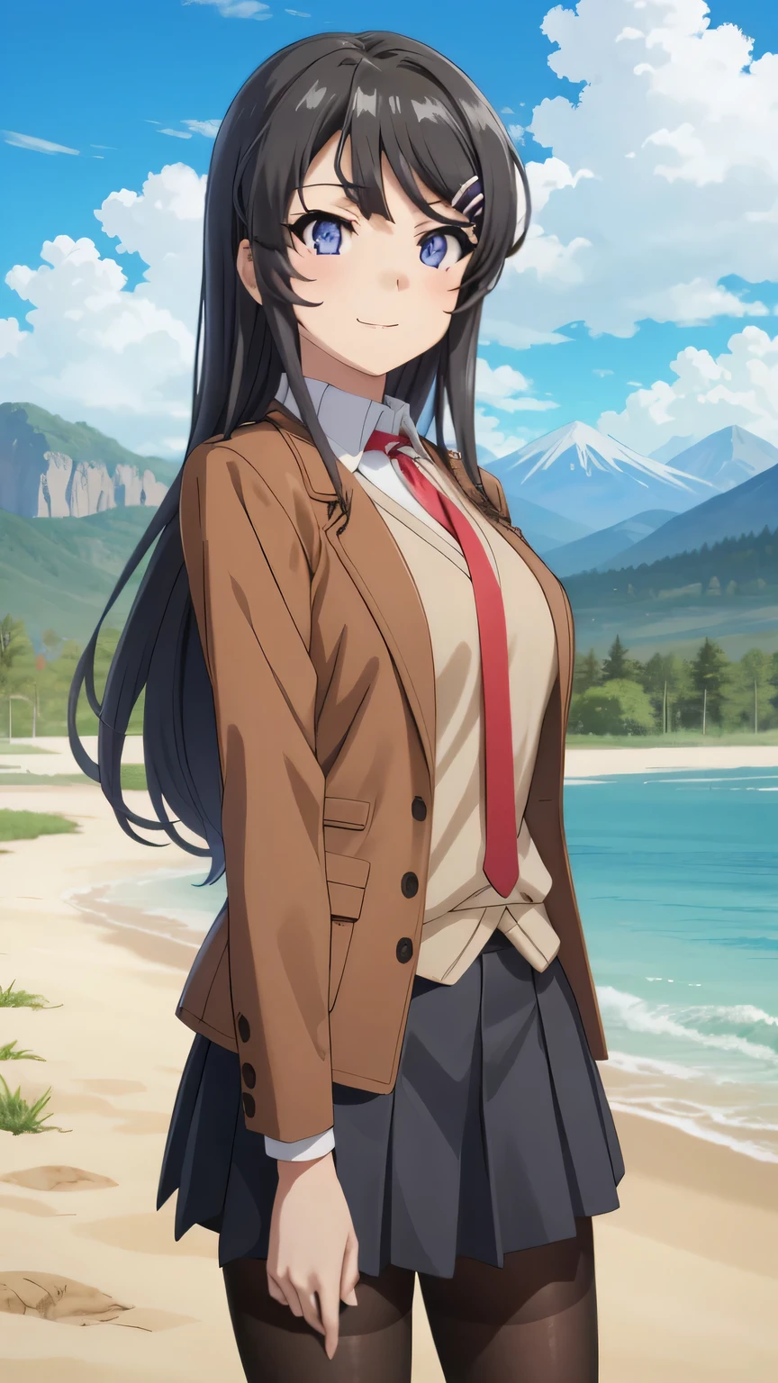 {{{masterpiece}}}, (best quality:1.5), (ultra-detailed:1.5), {illustration}, {{an extremely delicate and beautiful}}, (beautiful detailed eyes:1.6), absurdres, highres, extremely detailed face, 16k, hd, visual anime de uma jovem mulher, extremamente bonito rosto de anime, anime melhor garota, (perfect hands, perfect anatomy), anime face, sakurajima mai(Rascal Does Not Dream of Bunny Girl Senpai), Eft_bunny_mai, 1girl, solo, cute face, long hair, (black hair:1.5), bangs, sidelocks, hair ornament, hairclip, rabbit hair ornament, (purple eyes:1.1), large breasts, big hips, curvaceous, BREAK, {school uniform}, (brown jacket:1.5), open jacket, long sleeve, brown sleeve, white shirt, collared shirt, red necktie, vest, vest tuck out, pleated skirt, miniskirt, blue skirt, black pantyhose, thighs, zettai ryouiki, BREAK, cute face, smiling, standing, outdoor, daytime, solar, rock, mountain, forest, desert, sky, lake, look the sky, look up, (bust shot:1.3), from side, from below