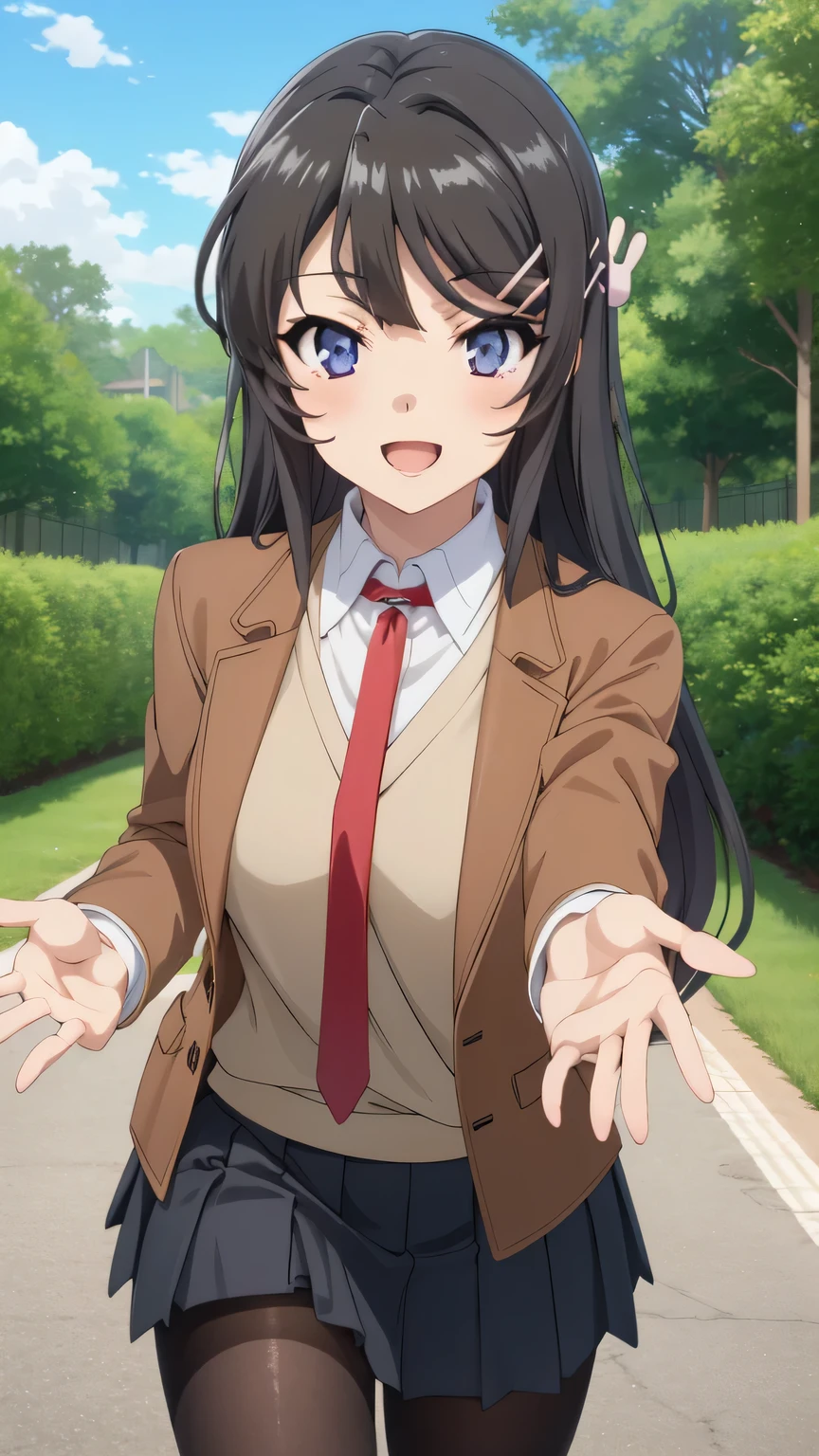 {{{masterpiece}}}, (best quality:1.5), (ultra-detailed:1.5), {illustration}, {{an extremely delicate and beautiful}}, (beautiful detailed eyes:1.6), absurdres, highres, extremely detailed face, 16k, hd, visual anime de uma jovem mulher, extremamente bonito rosto de anime, anime melhor garota, (perfect hands, perfect anatomy), anime face, sakurajima mai(Rascal Does Not Dream of Bunny Girl Senpai), Eft_bunny_mai, 1girl, solo, cute face, long hair, (black hair:1.5), bangs, sidelocks, hair ornament, hairclip, rabbit hair ornament, (purple eyes:1.1), large breasts, big hips, curvaceous, BREAK, {school uniform}, (brown jacket:1.5), open jacket, long sleeve, brown sleeve, white shirt, collared shirt, red necktie, vest, vest tuck out, pleated skirt, miniskirt, blue skirt, black pantyhose, thighs, zettai ryouiki, BREAK, INCOMING HUG, INCOMING KISS, blush, sorriso alegre, open mouth, visual anime de uma jovem mulher, extremamente bonito rosto de anime, anime melhor garota, sorriso astuto, outdoor, sky, daytime, forest, field