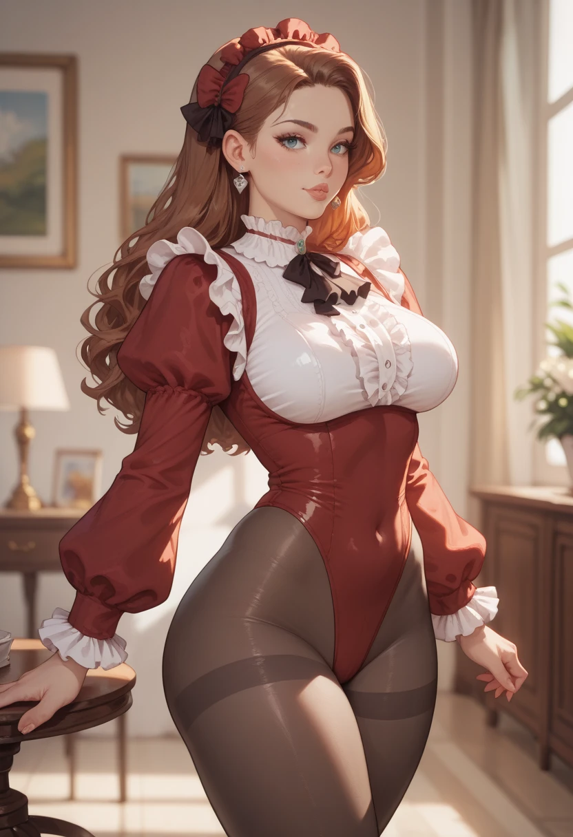 (masterpiece), (best quality:1.2), intricate details, (highly detailed skin:1.2), futanari, glistening skin, light freckles, large green eyes, long red hair, high ponytail, voluptuous body, curvy body, little potbelly, very large breasts, (wearing corset, extreme cleavage, lightly freckled chest), sexy silk panties, (extra wide hips), futa_overflow, bulge, huge penis, huge testicles, seductive expression, extra full lips, large mouth