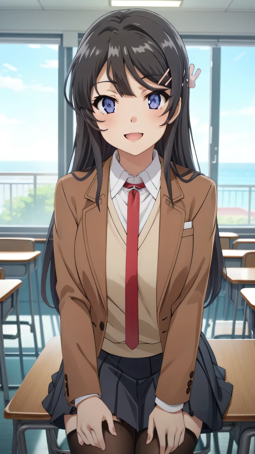 {{{masterpiece}}}, (best quality:1.5), (ultra-detailed:1.5), {illustration}, {{an extremely delicate and beautiful}}, (beautiful detailed eyes:1.6), absurdres, highres, extremely detailed face, 16k, hd, visual anime de uma jovem mulher, extremamente bonito rosto de anime, anime melhor garota, (perfect hands, perfect anatomy), anime face, sakurajima mai(Rascal Does Not Dream of Bunny Girl Senpai), Eft_bunny_mai, 1girl, solo, cute face, long hair, (black hair:1.5), bangs, sidelocks, hair ornament, hairclip, rabbit hair ornament, (purple eyes:1.1), large breasts, big hips, curvaceous, BREAK, {school uniform}, (brown jacket:1.5), open jacket, long sleeve, brown sleeve, white shirt, collared shirt, red necktie, vest, vest tuck out, pleated skirt, miniskirt, blue skirt, black pantyhose, thighs, zettai ryouiki, BREAK, kyoushitsu, classroom, indoors, school chair, school desk, chalkboard, window, ceiling light, curtains, jump, jumping, smiling, peer in from below, looking at viewer, daytime