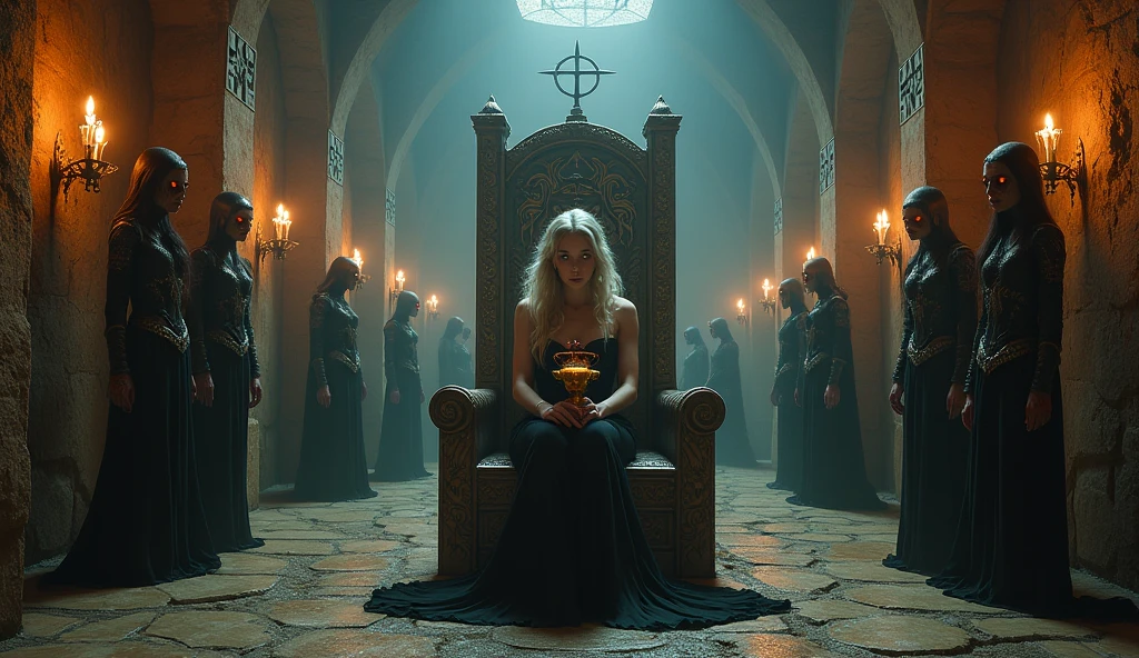 blonde woman,cultist,praying,evil smile,alluring body,bra,long loincloth,black robe,photorealistic,highres,(mysterious lighting,low key lighting:1.1),horror,sharp focus,occult symbol,hourglass figure,dark atmosphere,magic rituals,seductive gaze,creepy background,mystical elements,forest setting,demonic presence,intense shadows,dramatic pose,sinister intentions,symbolic jewelry,ominous aura,controlled chaos,temples of darkness,flickering candles,ritualistic gestures,subtle details,bewitching beauty,female power,visual storytelling,exquisite craftsmanship,magical realism,rich textures,contrasting colors,dynamic composition