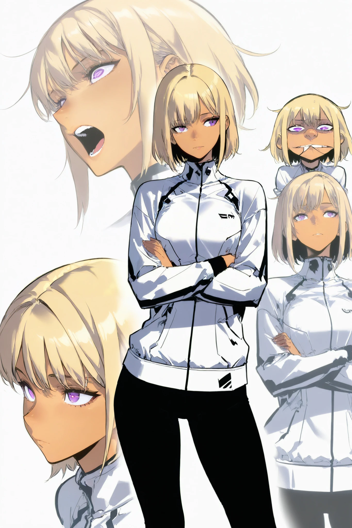 Athletic woman in futuristic fantasy clothes, blonde hair , purple eyes, tan, tight white jacket, black pant, intricate pencil sketch, expressive eyes and nose and mouth, un-zoom, highly detailed, white background, upperbody, Lean to the side , Head tilted, head tilted , arms crossed