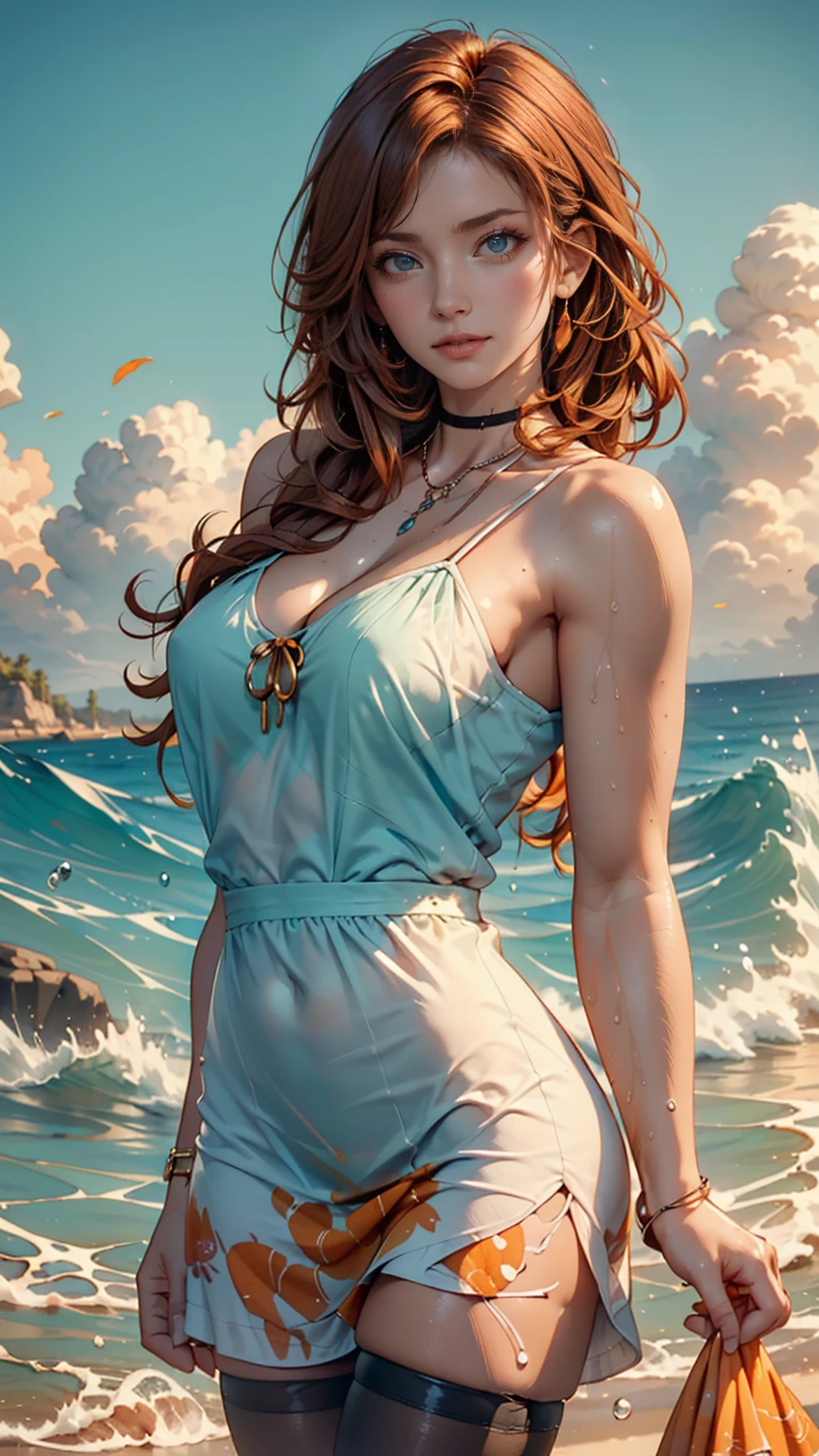 (masterpiece, highest quality), ((One girl, alone, Long Hair)), Ishmael_edge, Innocent look, Bare arms, Exposing shoulders, Bare neck, watercolor, Sundress, Liquid clothing, water, Wave, water dress, green_theme, night, haze, dark, Sharp focus, Ocean, See-through dress, Orange Hair