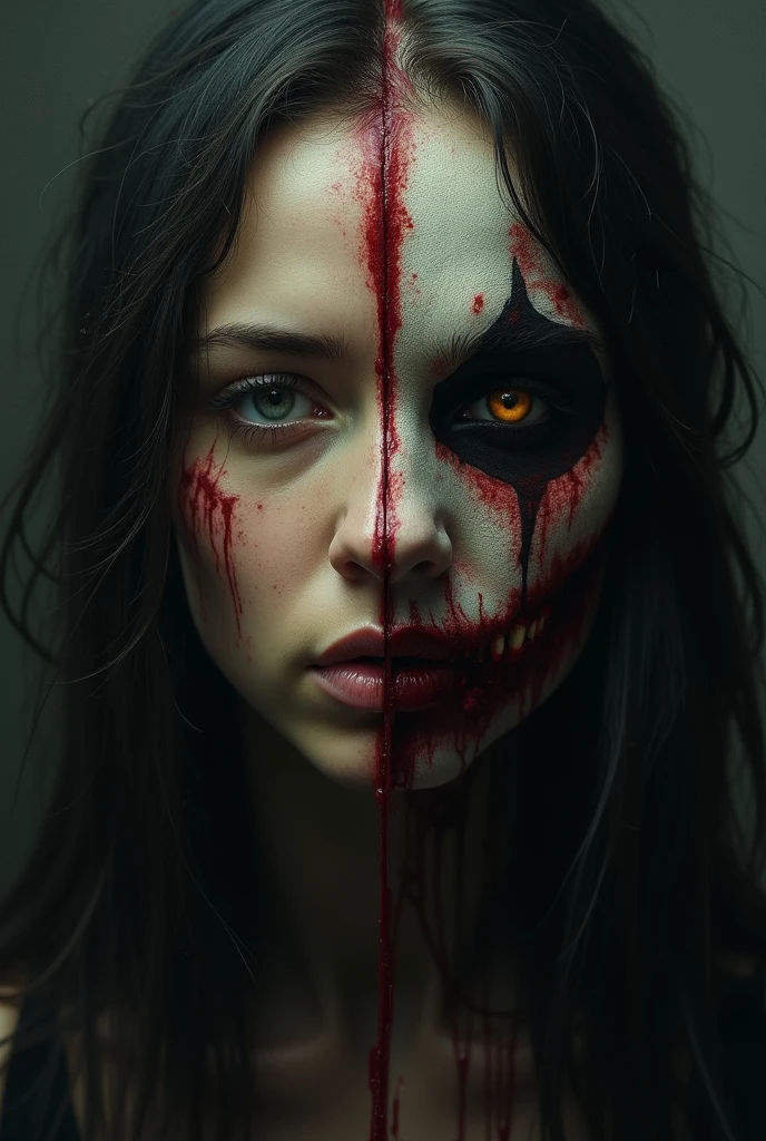 A woman's or a man's face split into two halves, one good and the other evil, covered in blood